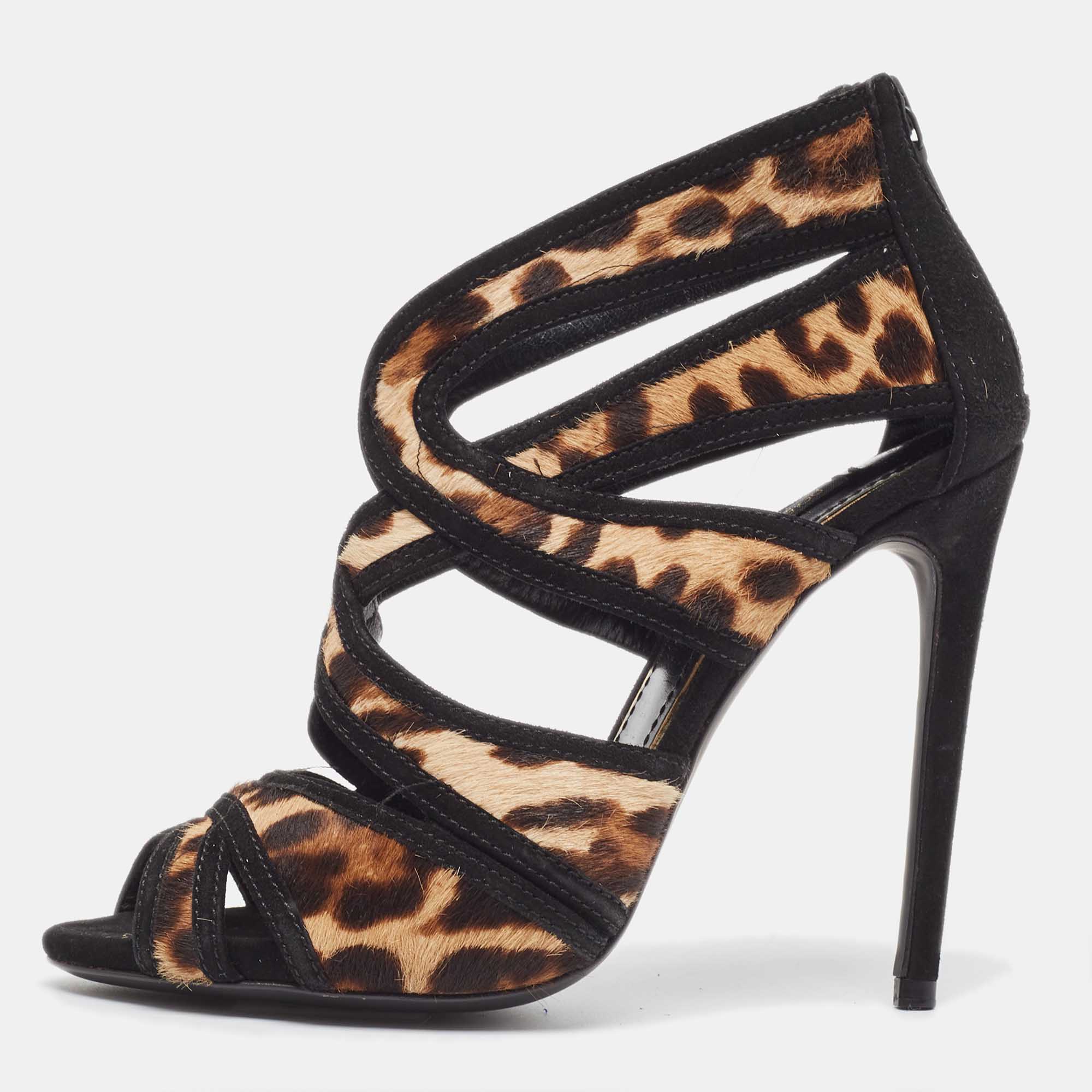 Pre-owned Dolce & Gabbana Beige/black Leopard Print Calf Hair And Suede Peep Toe Sandals Size 36.5