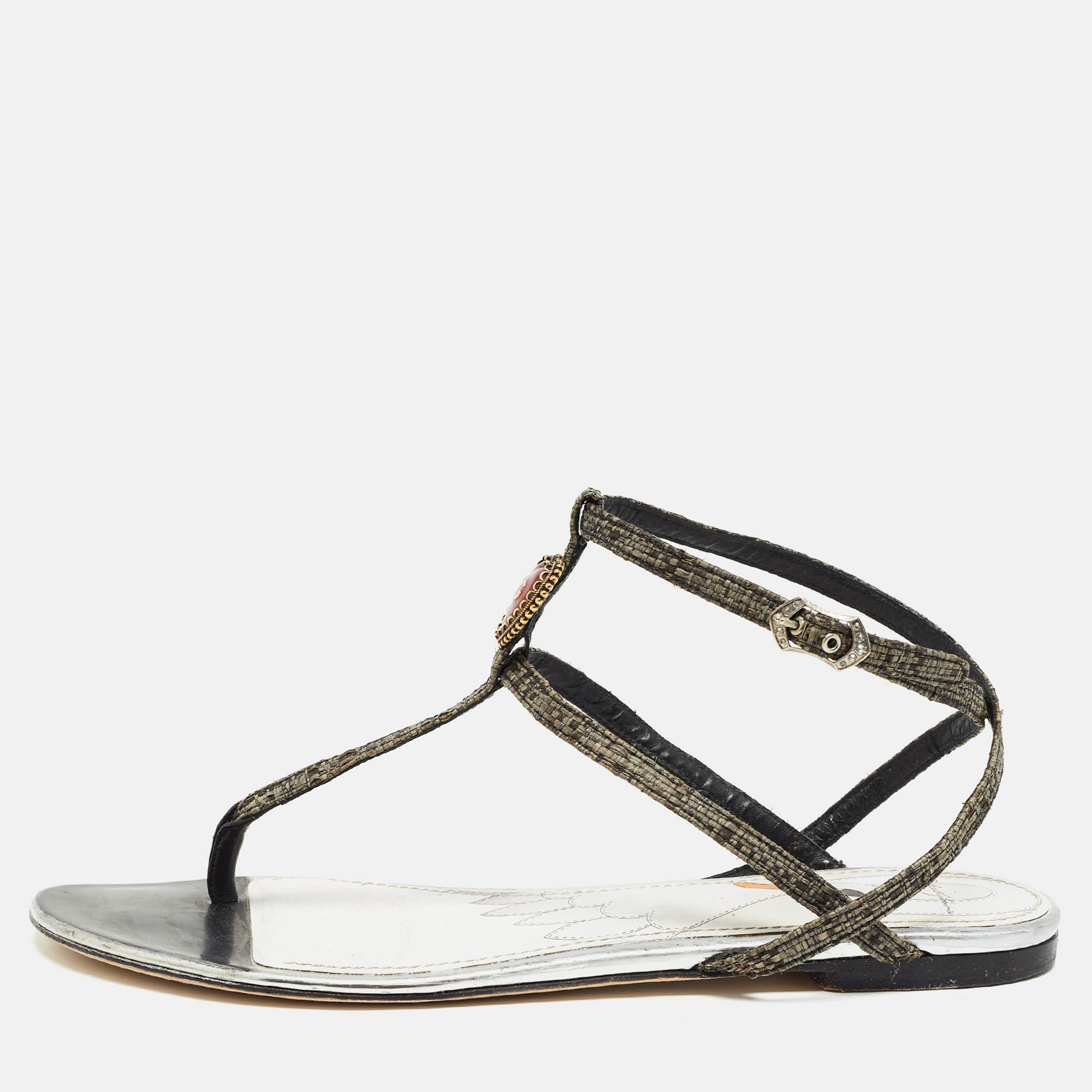 

Dolce & Gabbana Grey/Black Raffia and Leather T Strap Flat Sandals Size, Silver