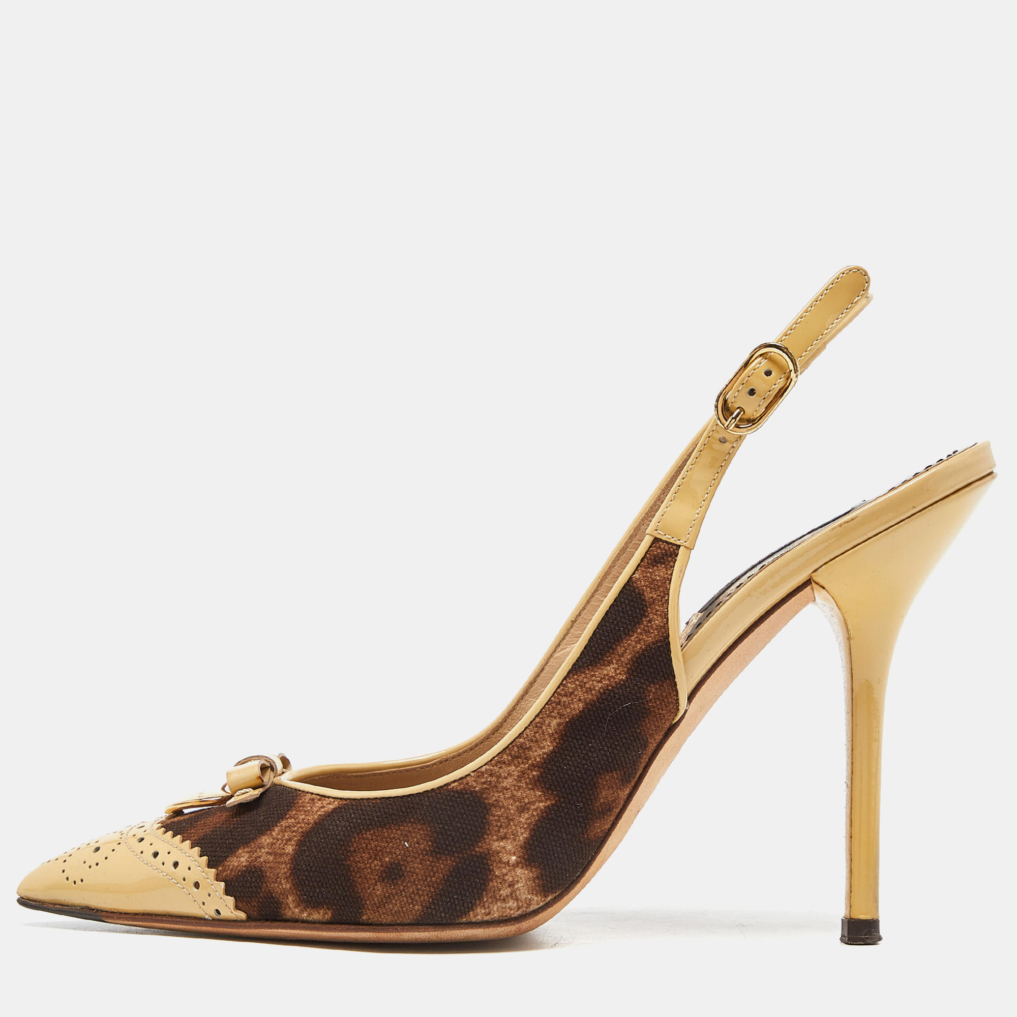 Pre-owned Dolce & Gabbana Brown/beige Leopard Print Canvas And Patent Leather Slingback Pumps Size 38