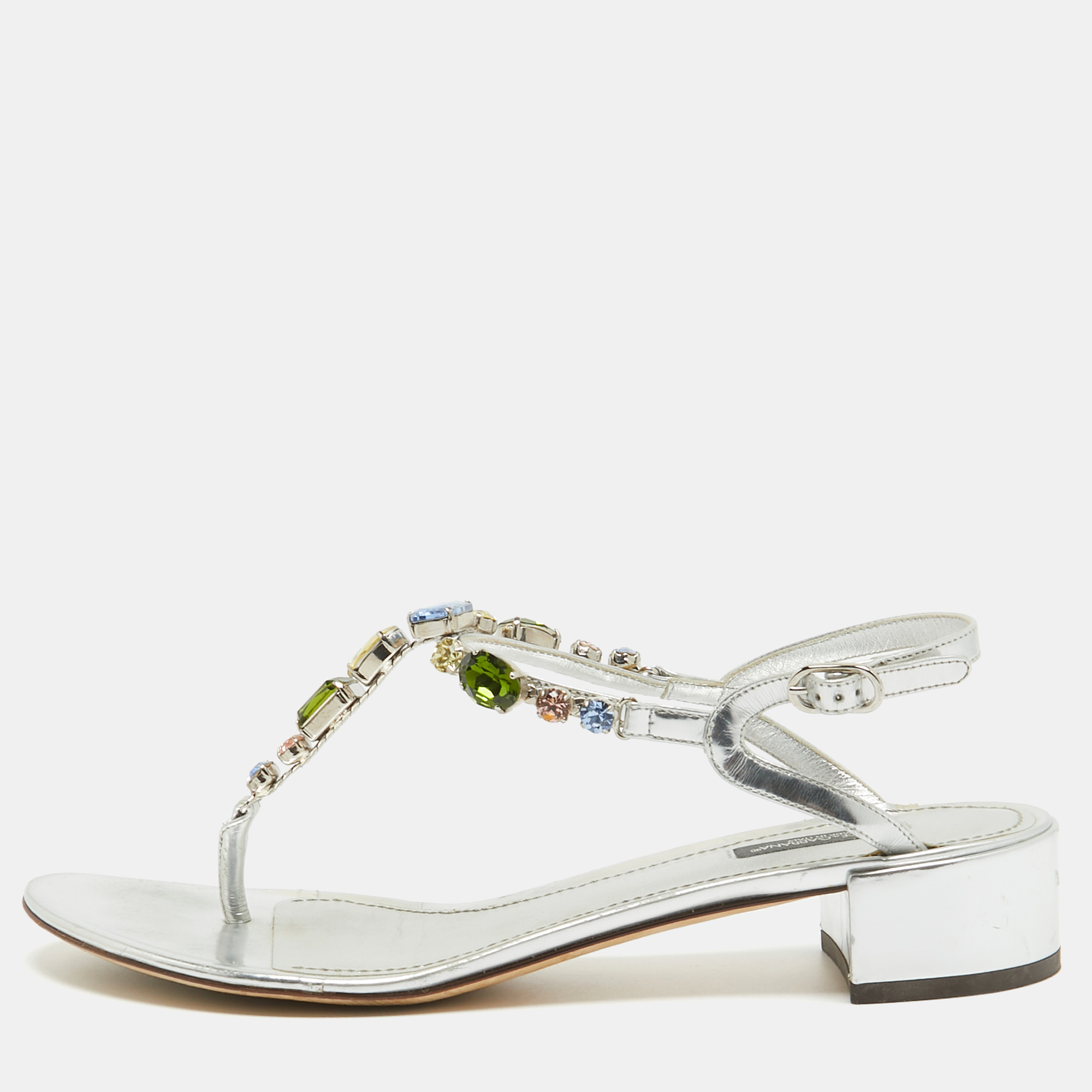 

Dolce & Gabbana Silver Leather Crystal Embellished Slingback Sandals Size