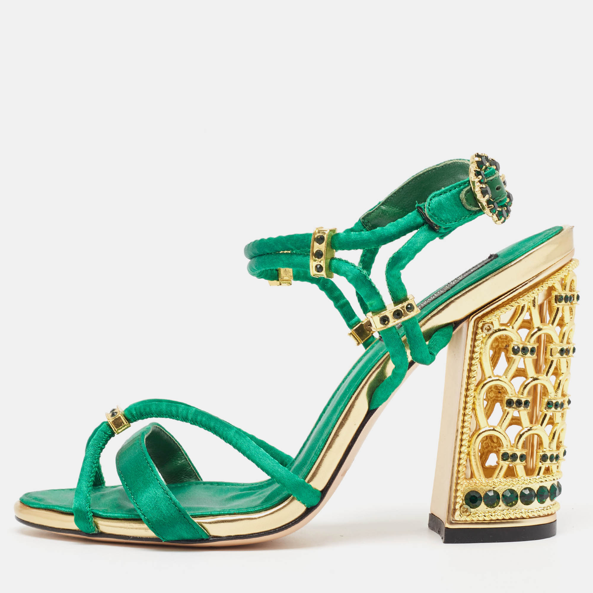 Pre-owned Dolce & Gabbana Green Satin Crystal Embellished Ankle Strap Sandals Size 38