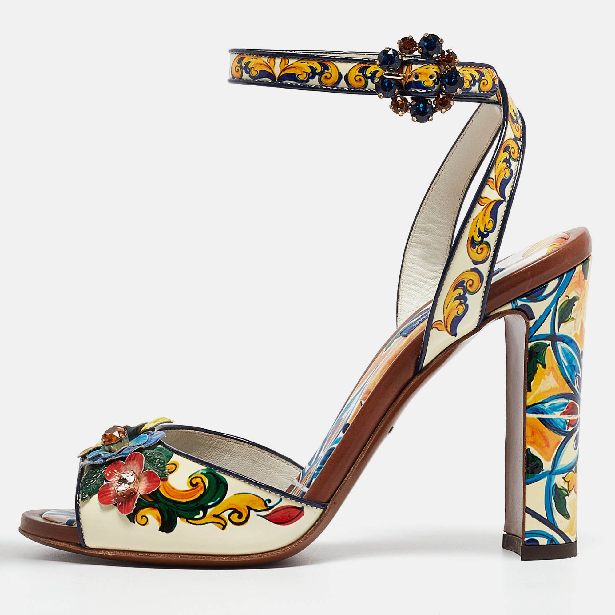 Dolce & Gabbana Multicolor Printed Patent Leather Embellished Ankle Wrap Sandals Size 38