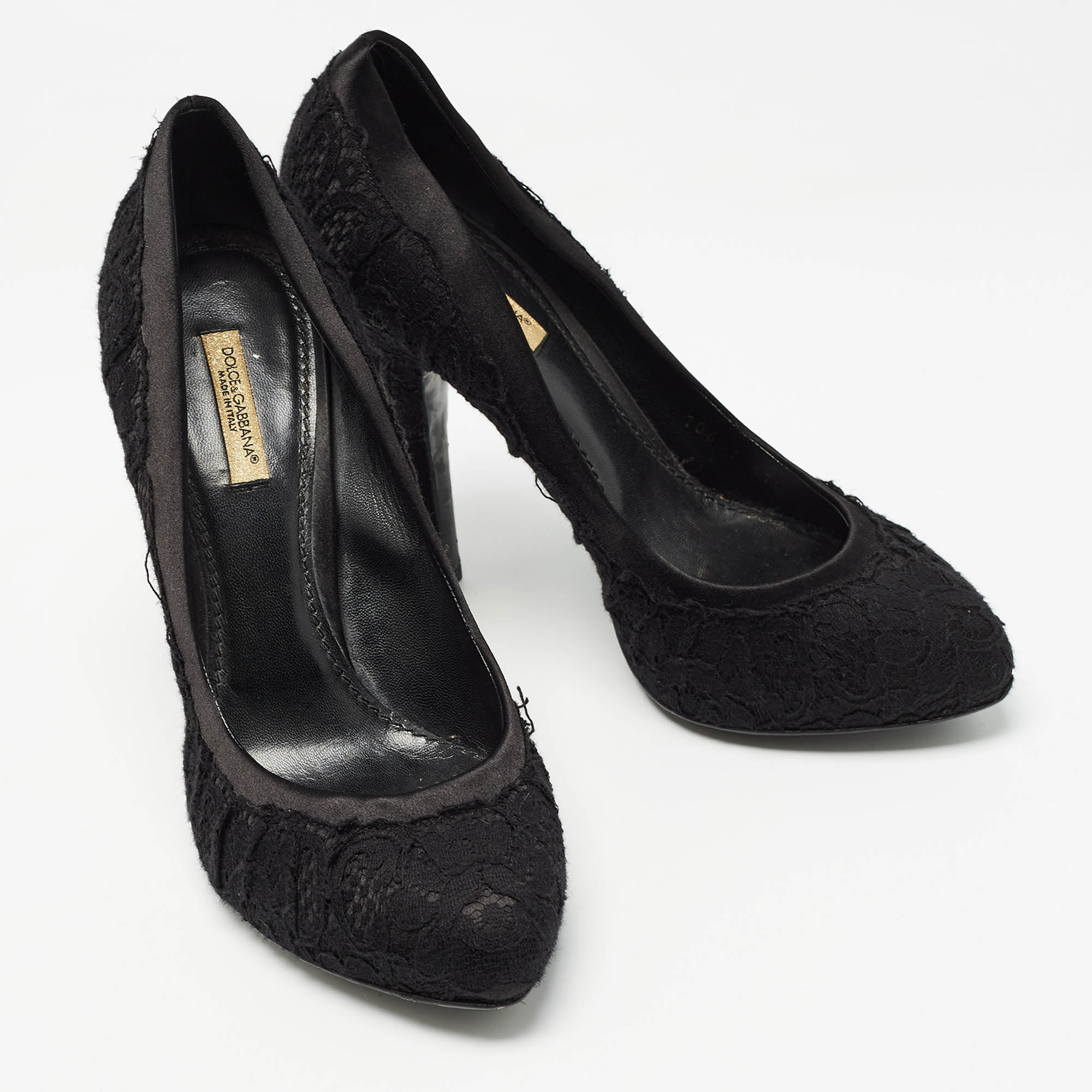 Dolce & Gabbana Black Lace and Satin Round Toe Pumps Size 37.5 