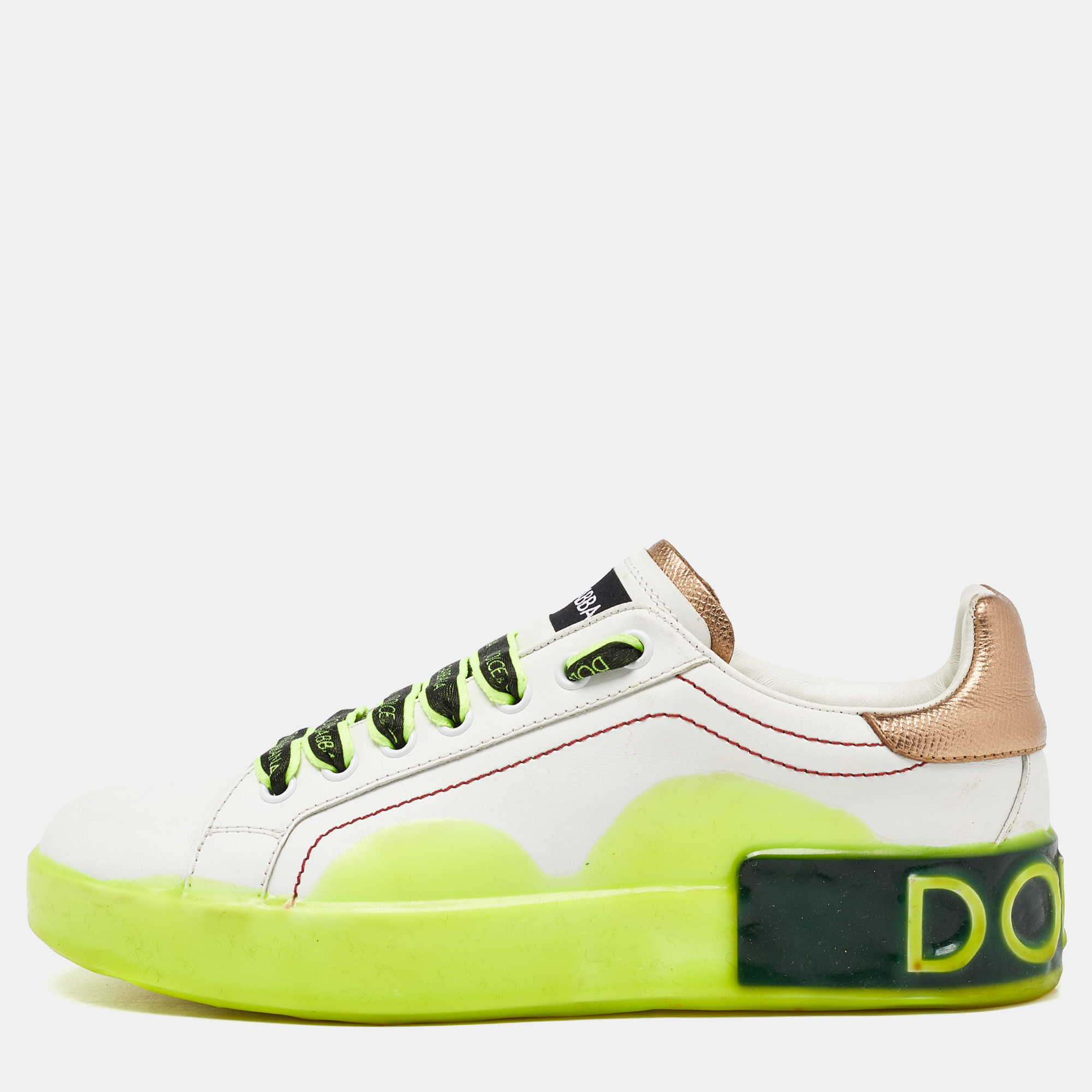 Dolce & Gabbana White/Neon Yellow Leather Portofino Sneakers Size 38