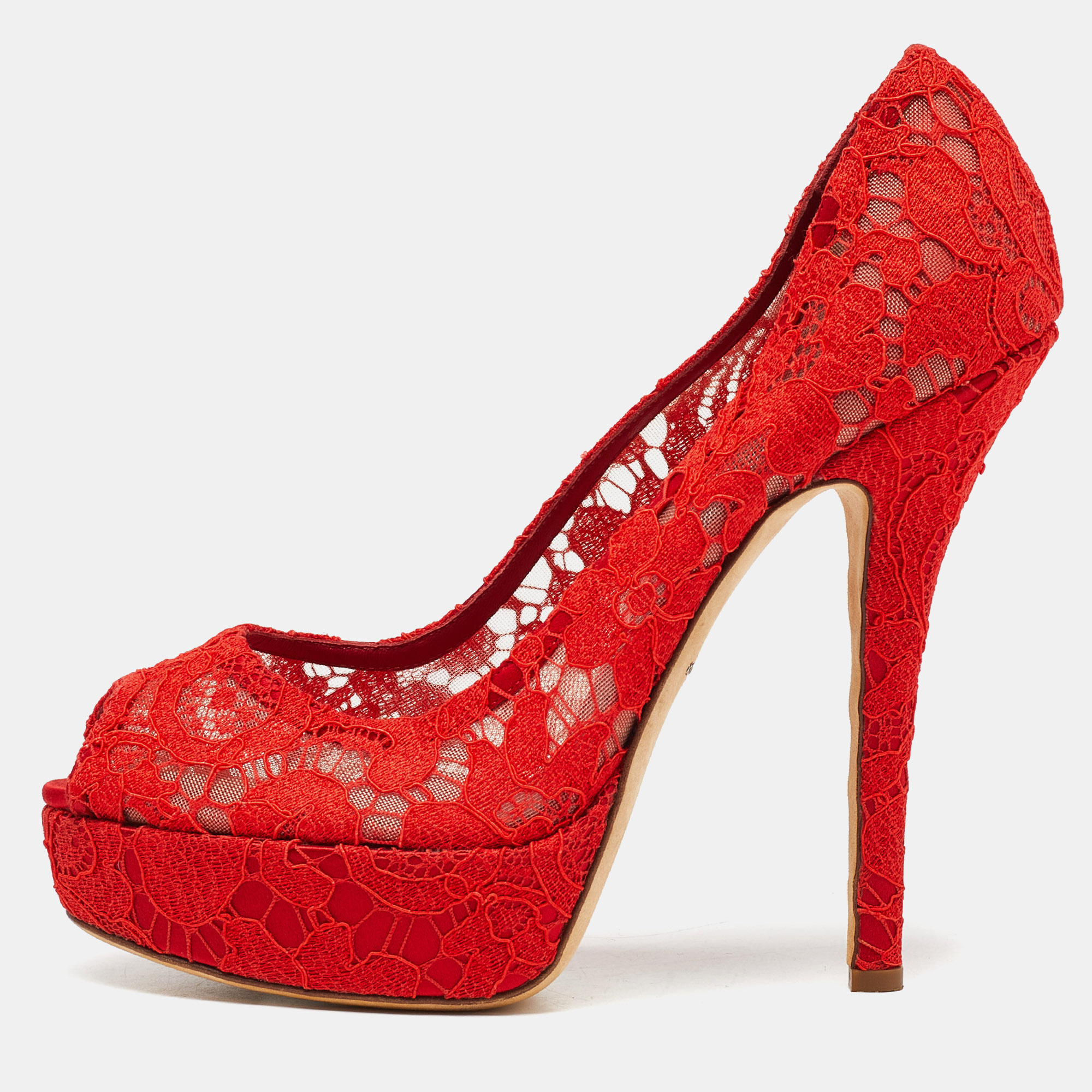 

Dolce & Gabbana Red Lace And Satin Peep Toe Platform Pump Size