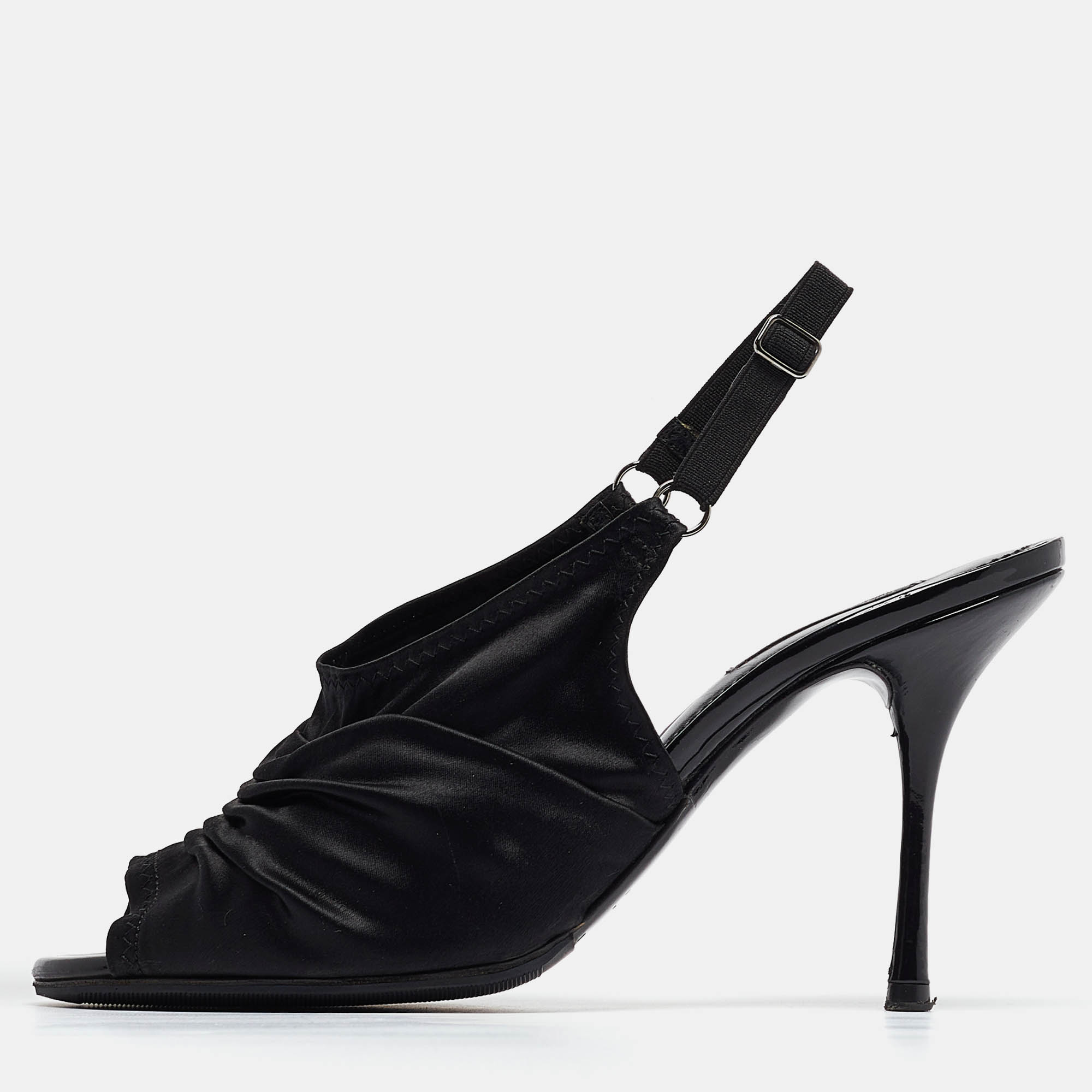 Pre-owned Dolce & Gabbana Black Satin Peep Toe Slingback Sandals Size 39