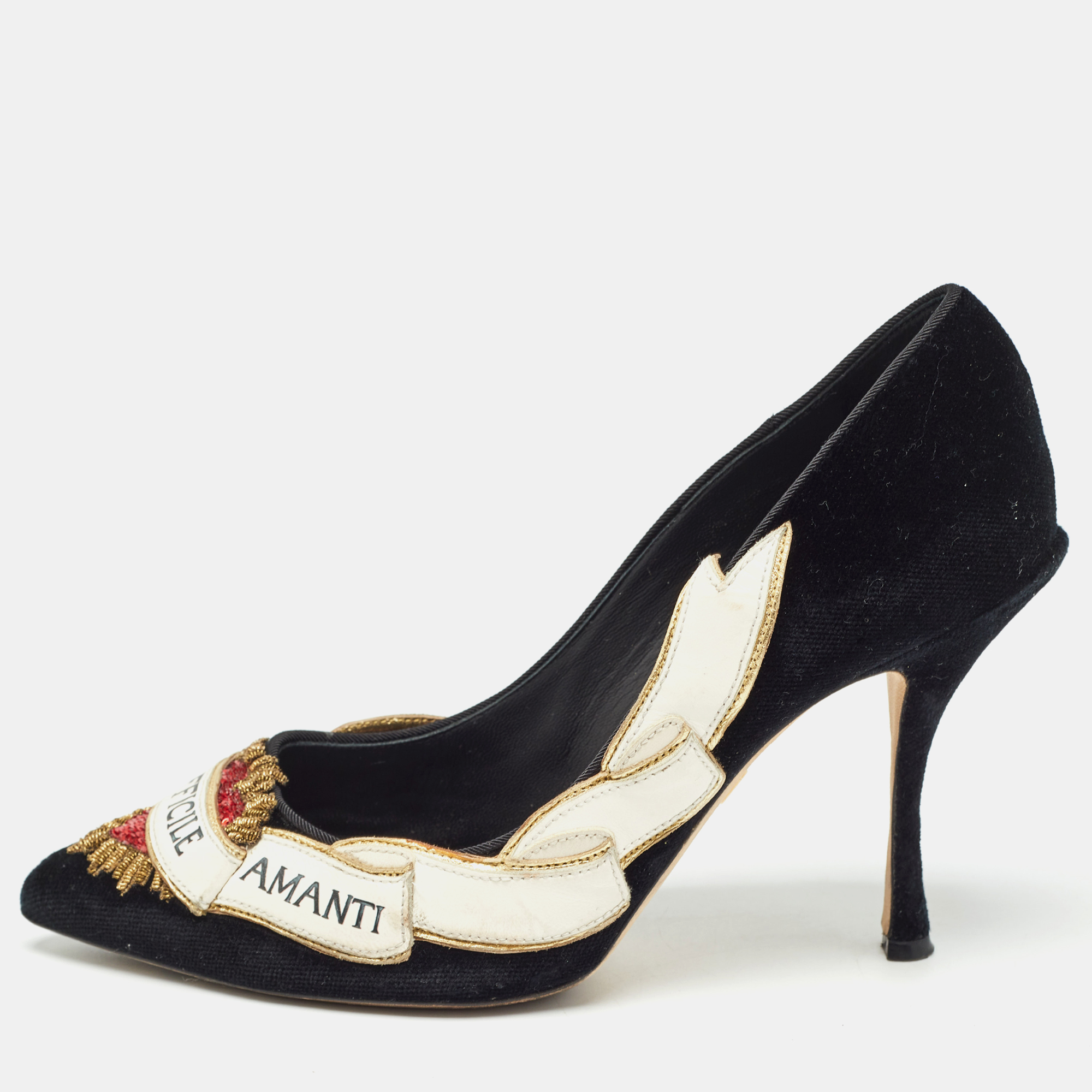 Pre-owned Dolce & Gabbana Black Velvet Love Embellished Pointed Toe Pumps Size 38.5