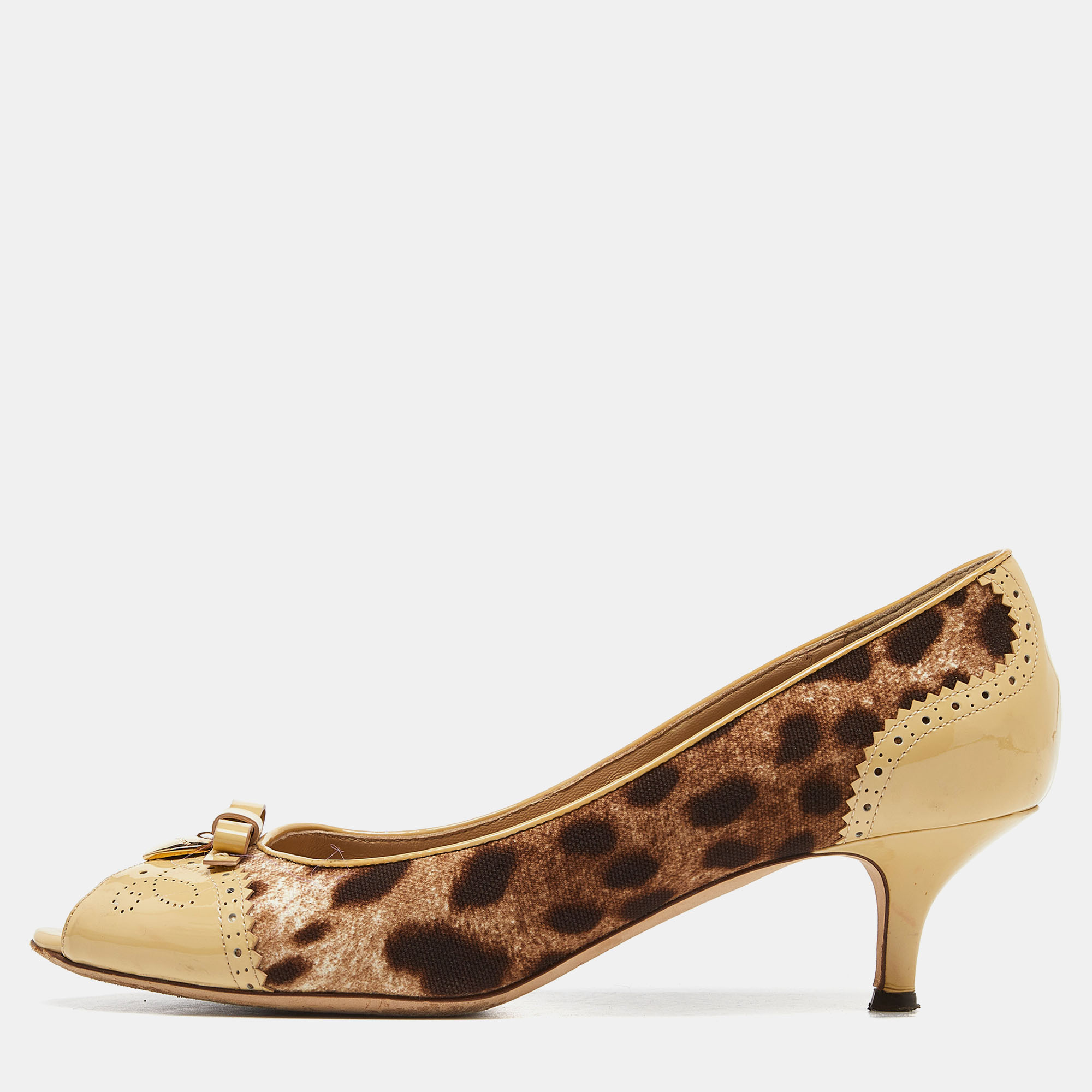 

Dolce & Gabbana Brown Leopard Print Canvas Patent Leather Peep Toe Pumps Size