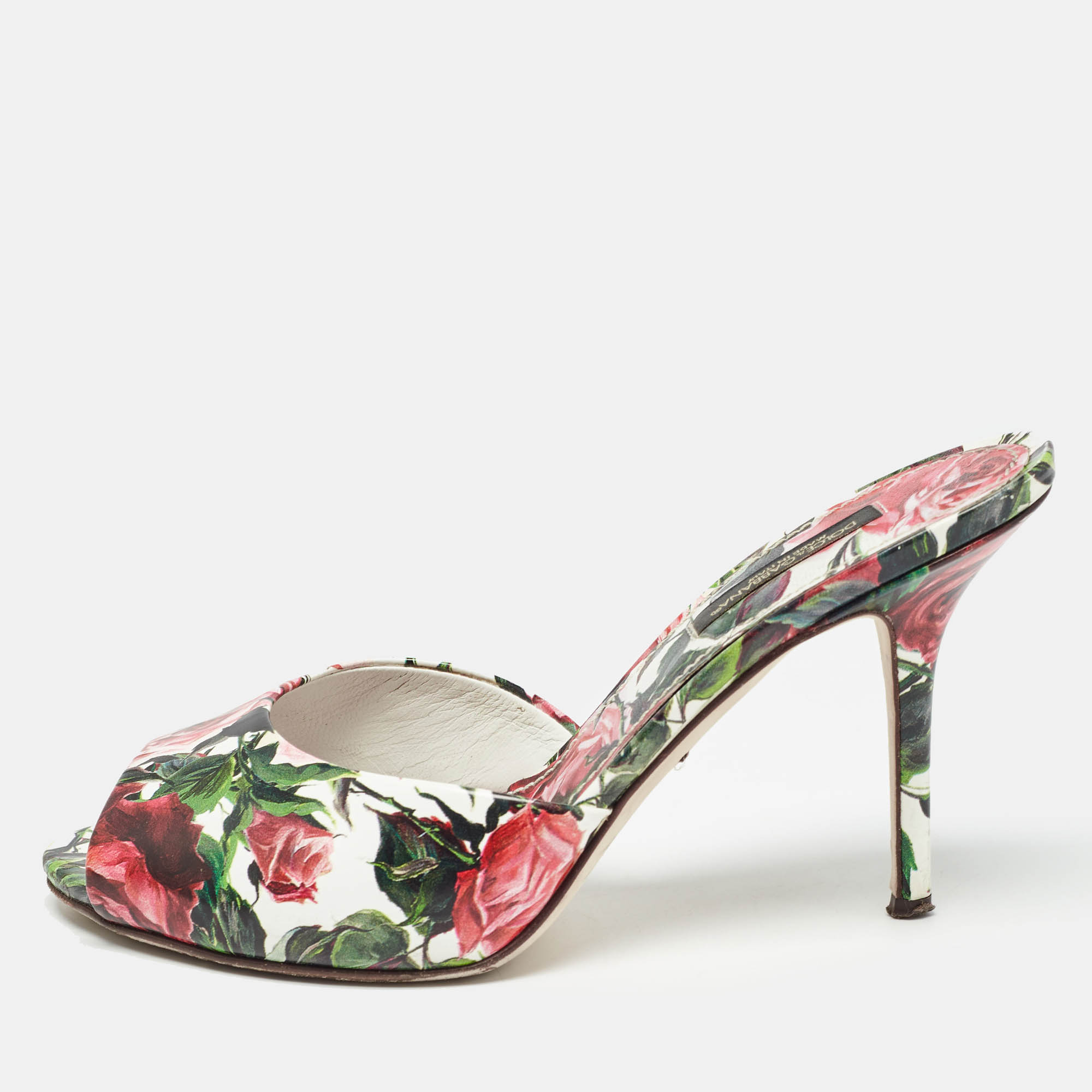 

Dolce & Gabbana Tricolor Floral Print Leather Slide Sandals Size, White