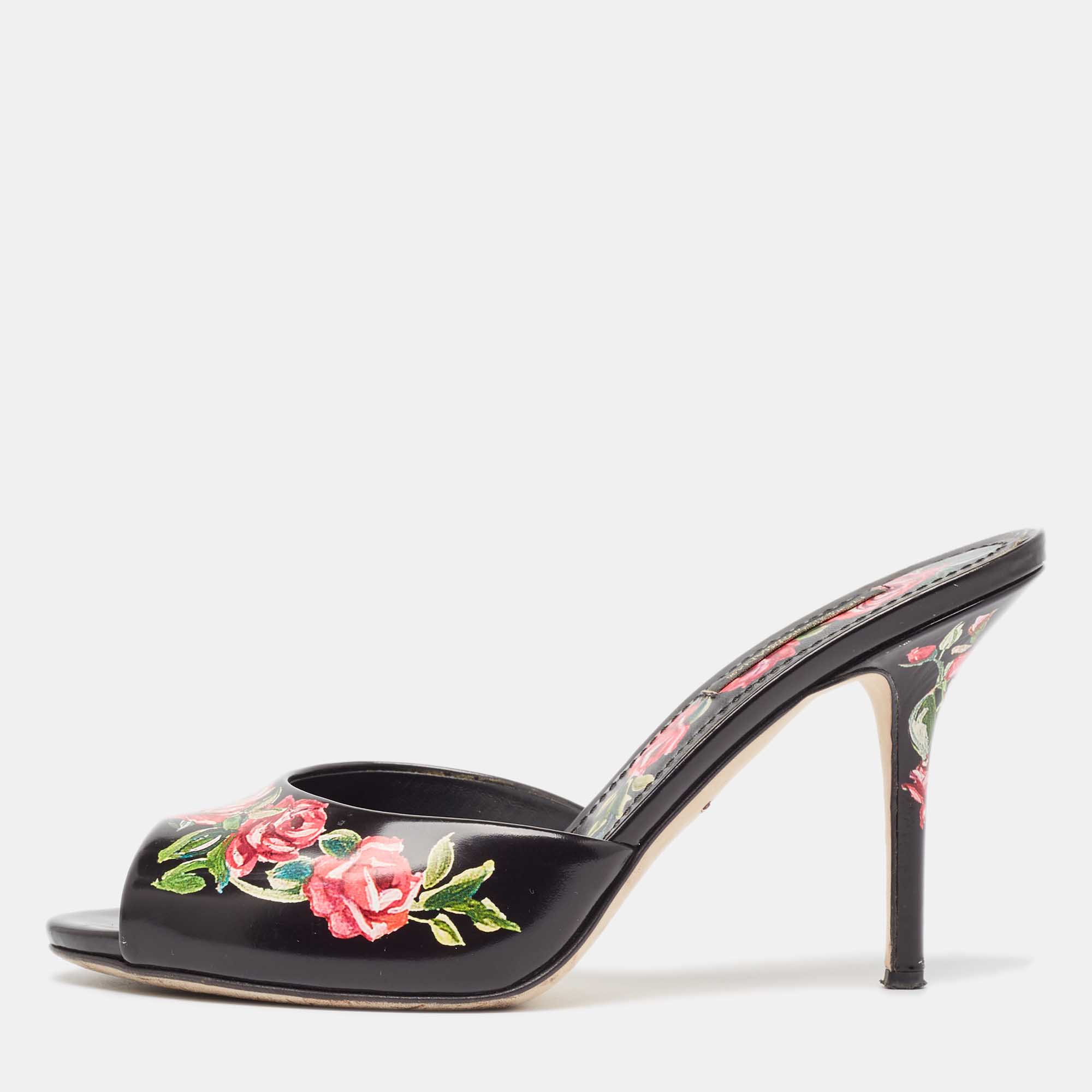 

Dolce & Gabbana Black Leather Rose Print Slide Sandals Size