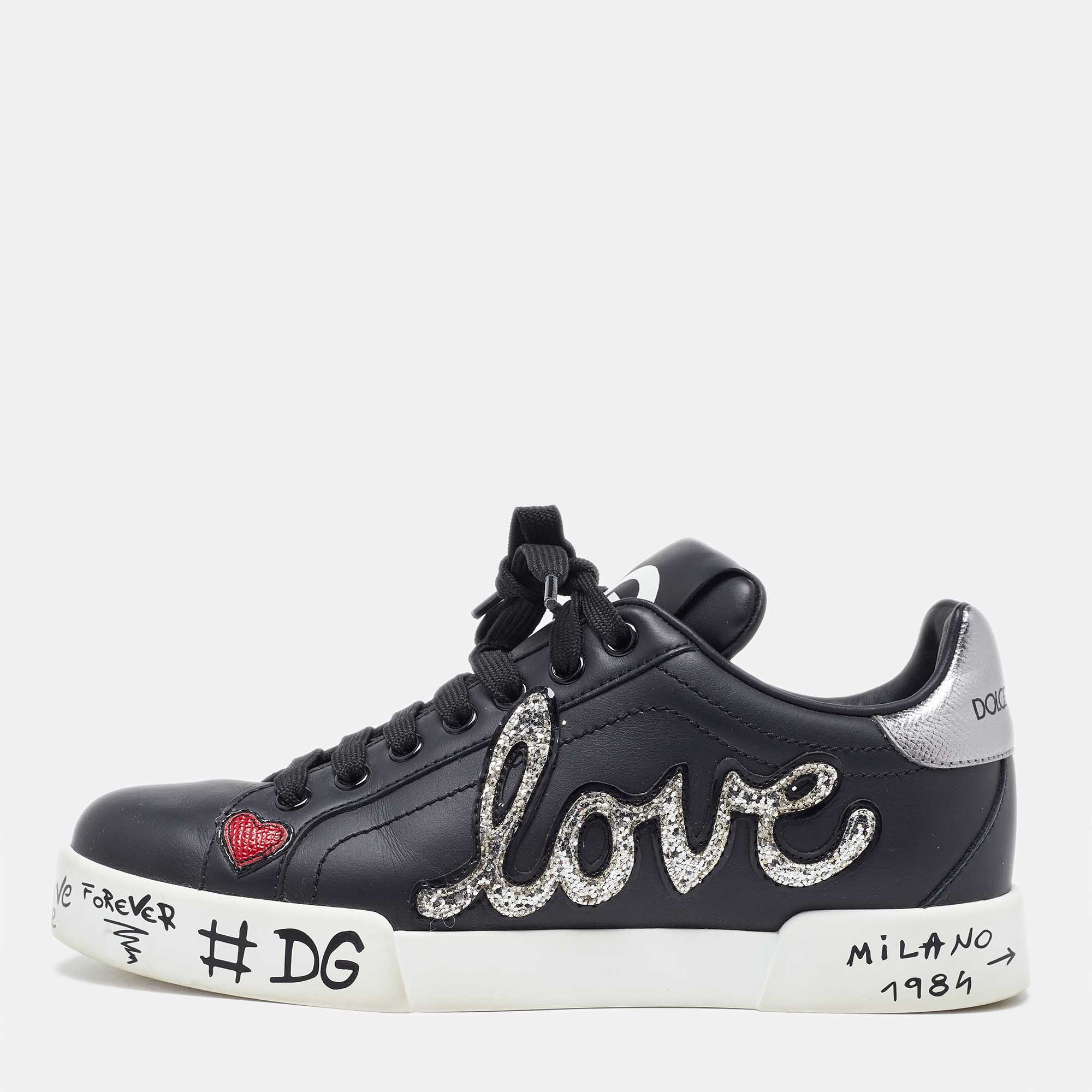 

Dolce & Gabbana Black Leather Love Patch and Graffiti Low Top Sneakers Size