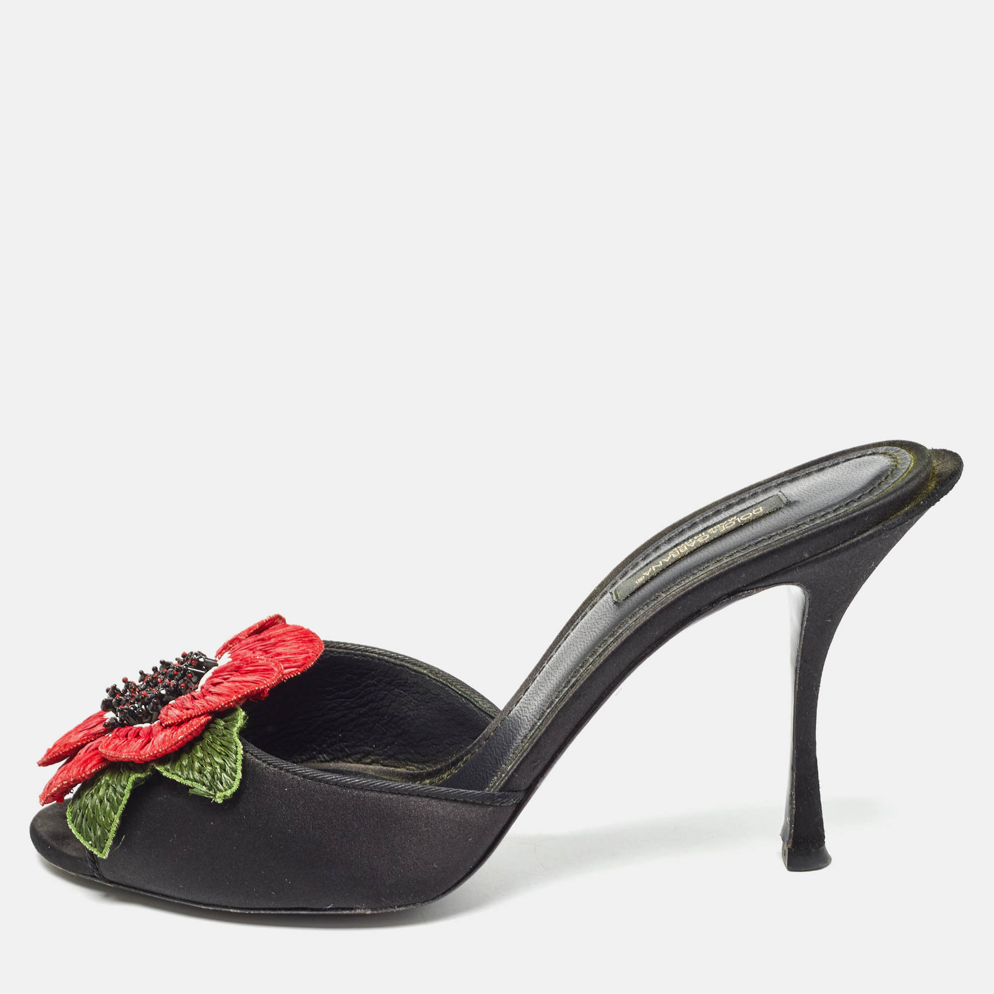 

Dolce & Gabbana Black Satin Flower and Crystal Embellished Mules Size