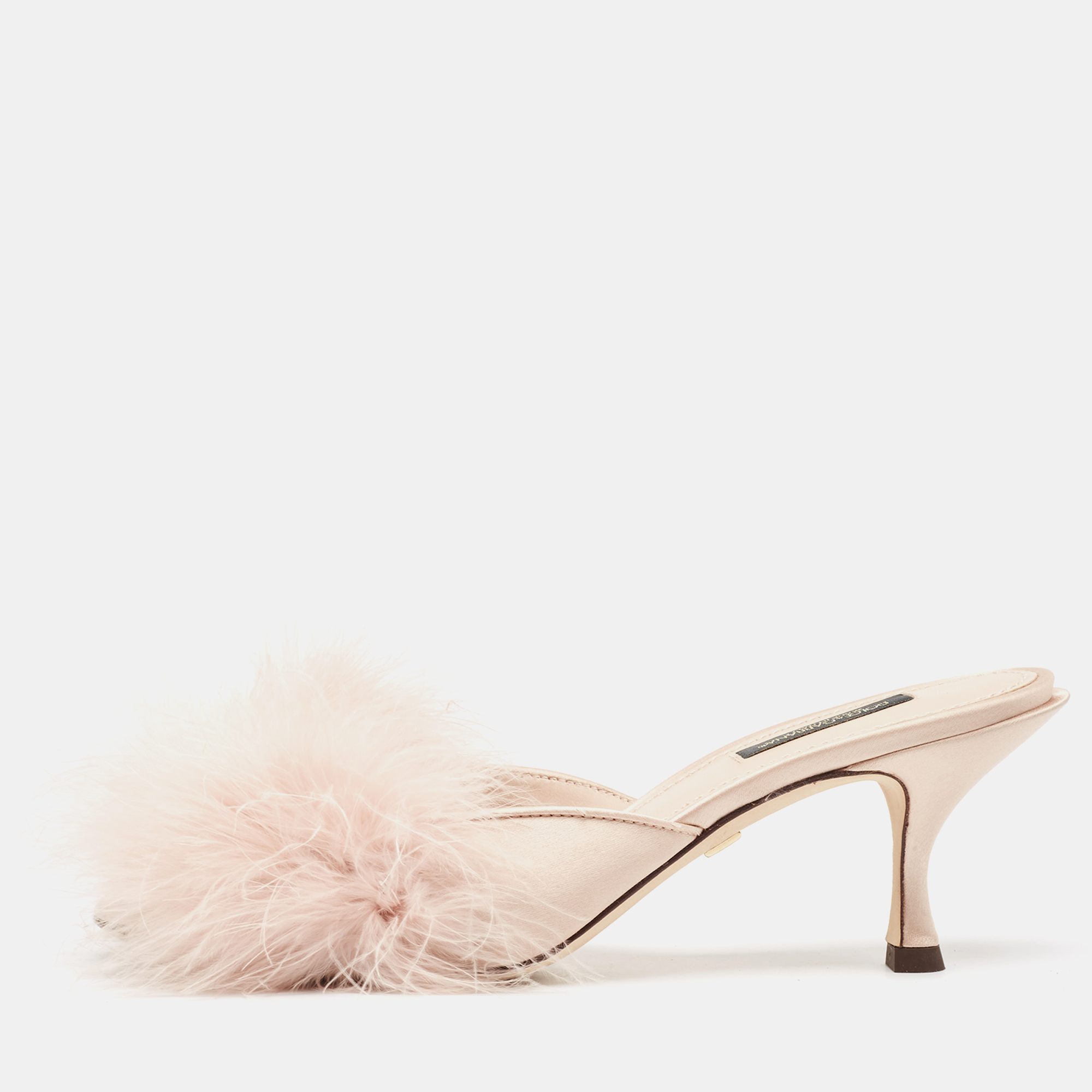 

Dolce & Gabbana Pink Satin Feather Detail Slide Sandals Size