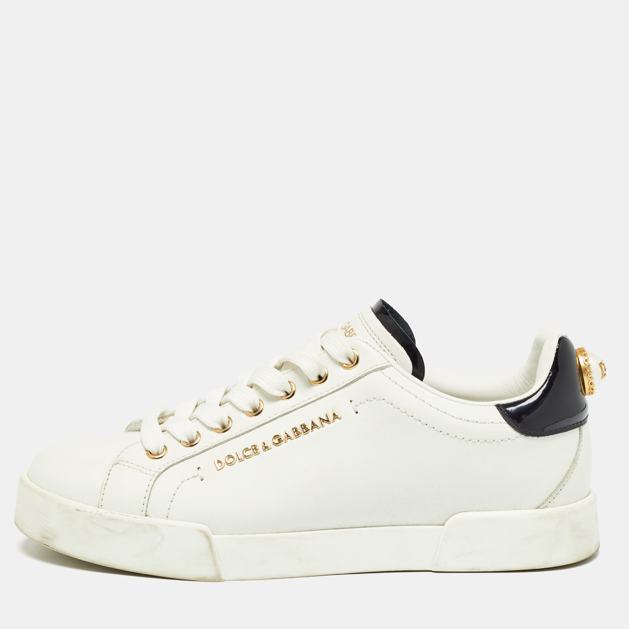 

Dolce & Gabbana White Leather Portofino Pearl Embellished Low Top Sneakers Size