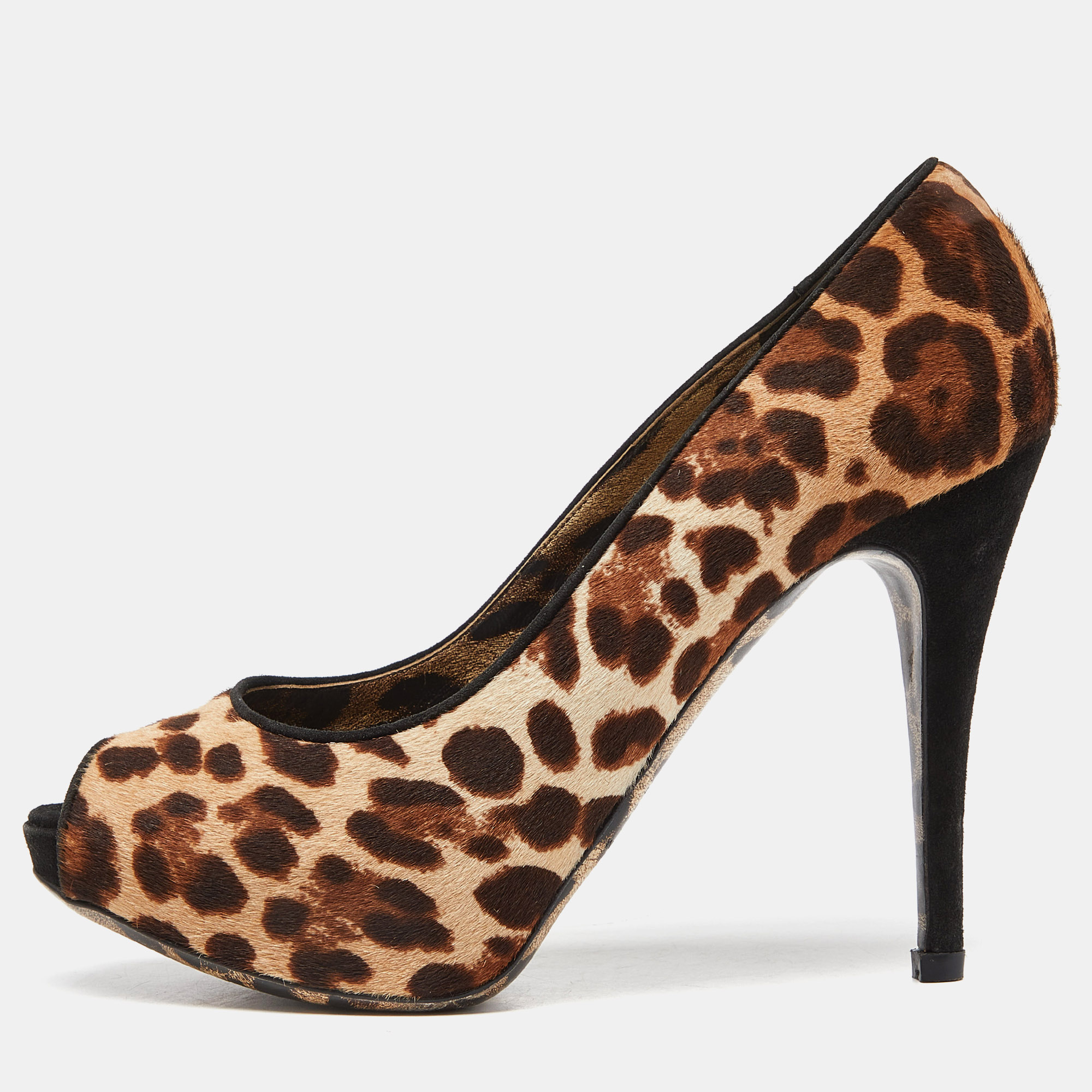 

Dolce & Gabbana Beige/Brown Leopard Print Calfhair Peep Toe Pumps Size
