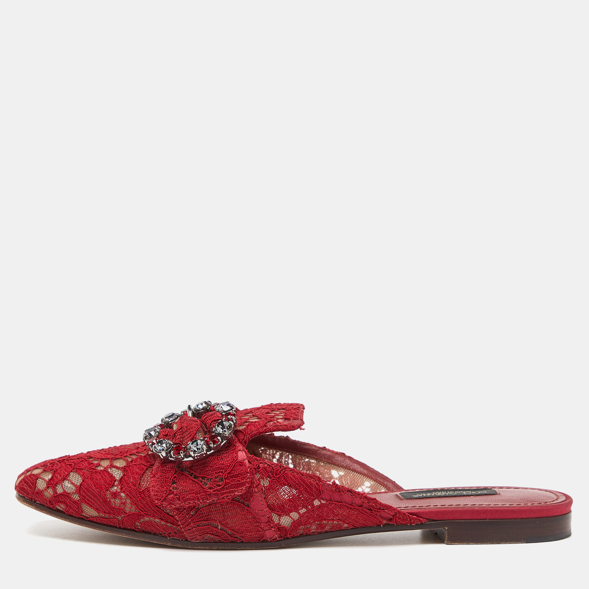 Pre-owned Dolce & Gabbana Red Lace Jackie Crystal Embellished Buckle Flat Mules Size 37.5