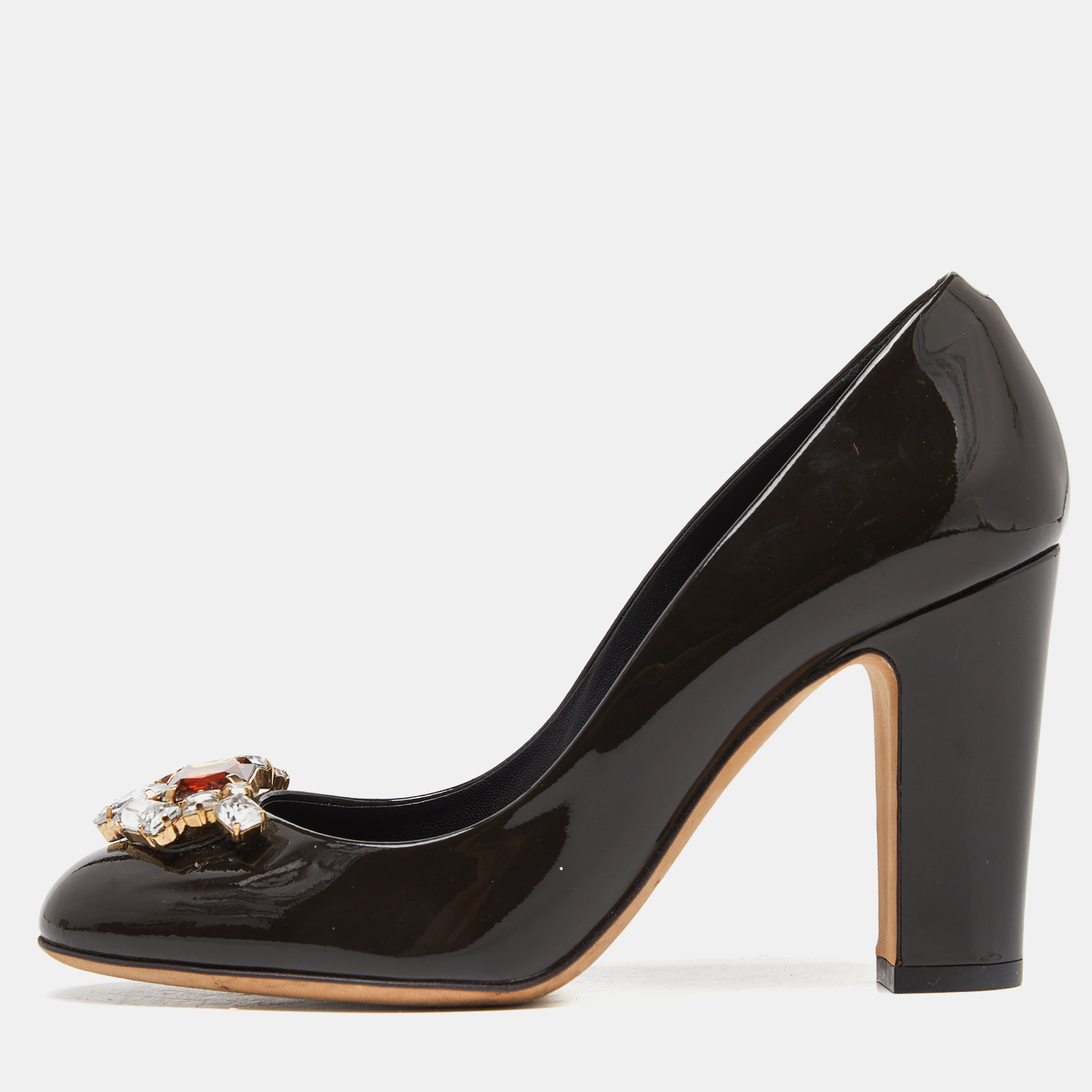

Dolce & Gabbana Brown Patent Leather Crystal Embellished Block Heel Pumps Size