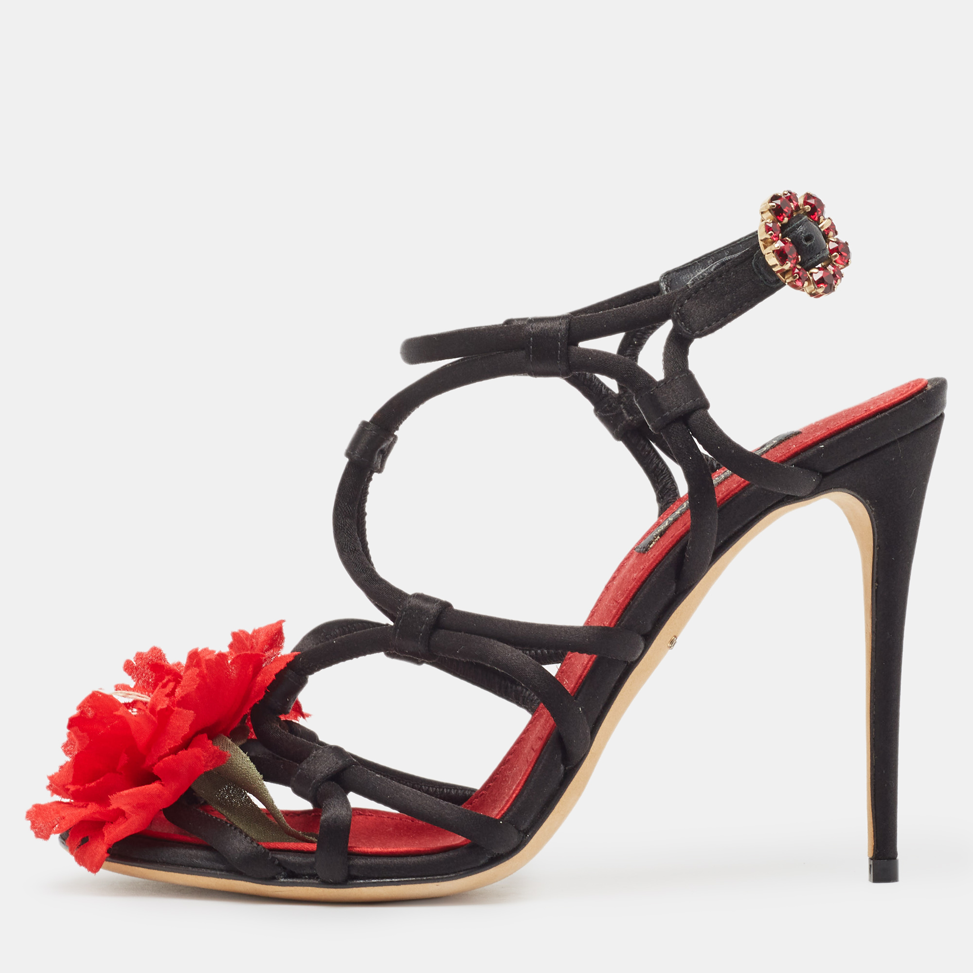 Pre-owned Dolce & Gabbana Black/red Satin Ankle Strap Sandals Size 36