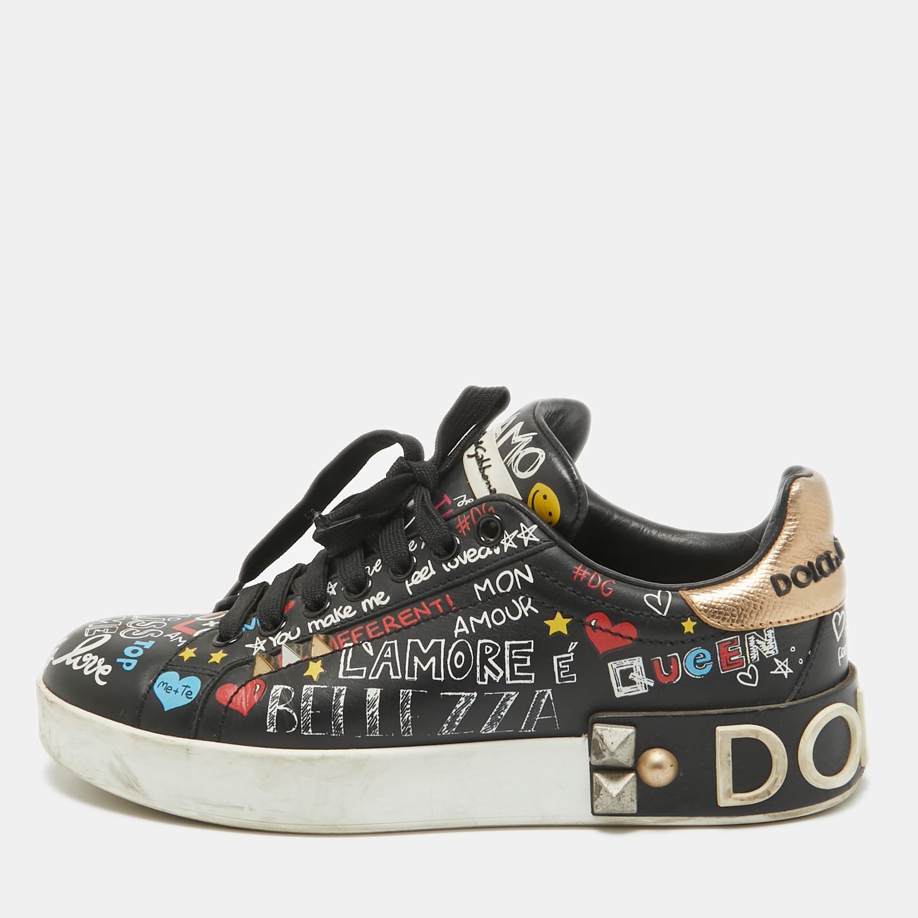 

Dolce & Gabbana Black Graffiti Leather Portofino Sneakers Size