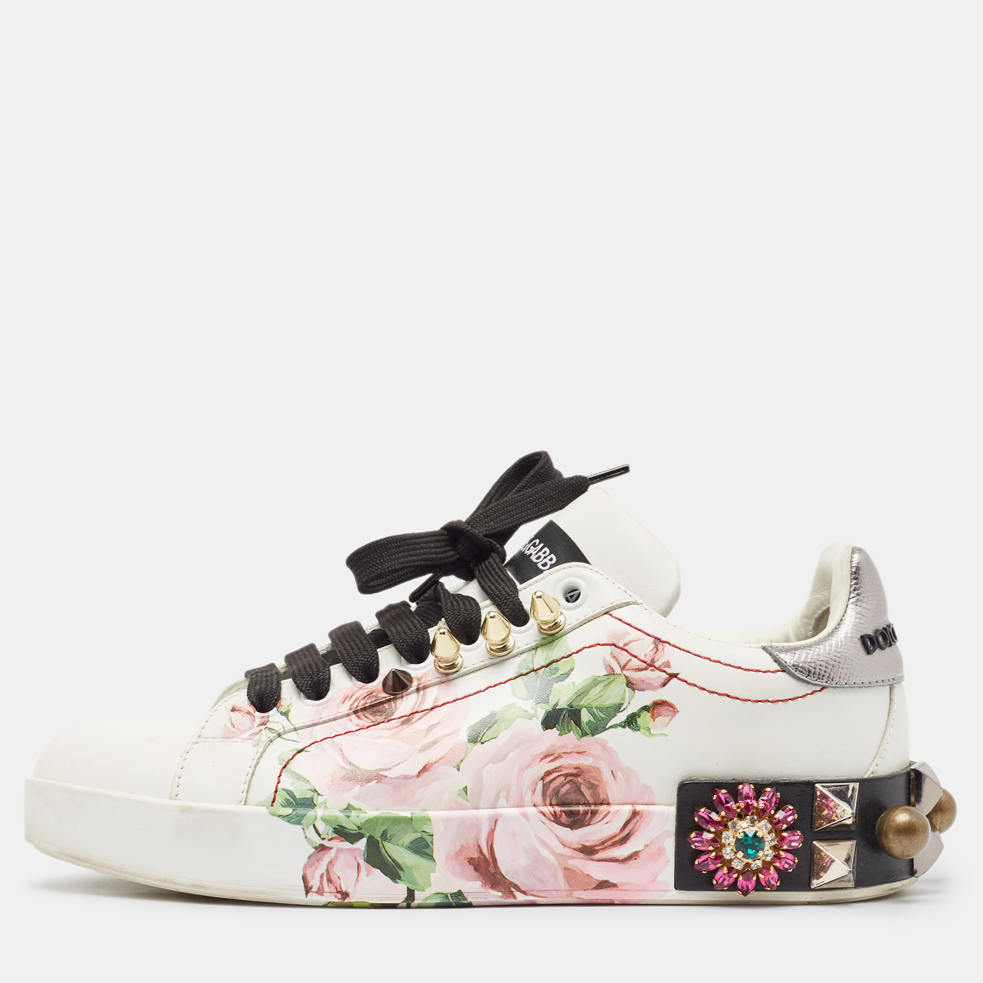

Dolce & Gabbana White Leather Printed Appliques Sneakers Size