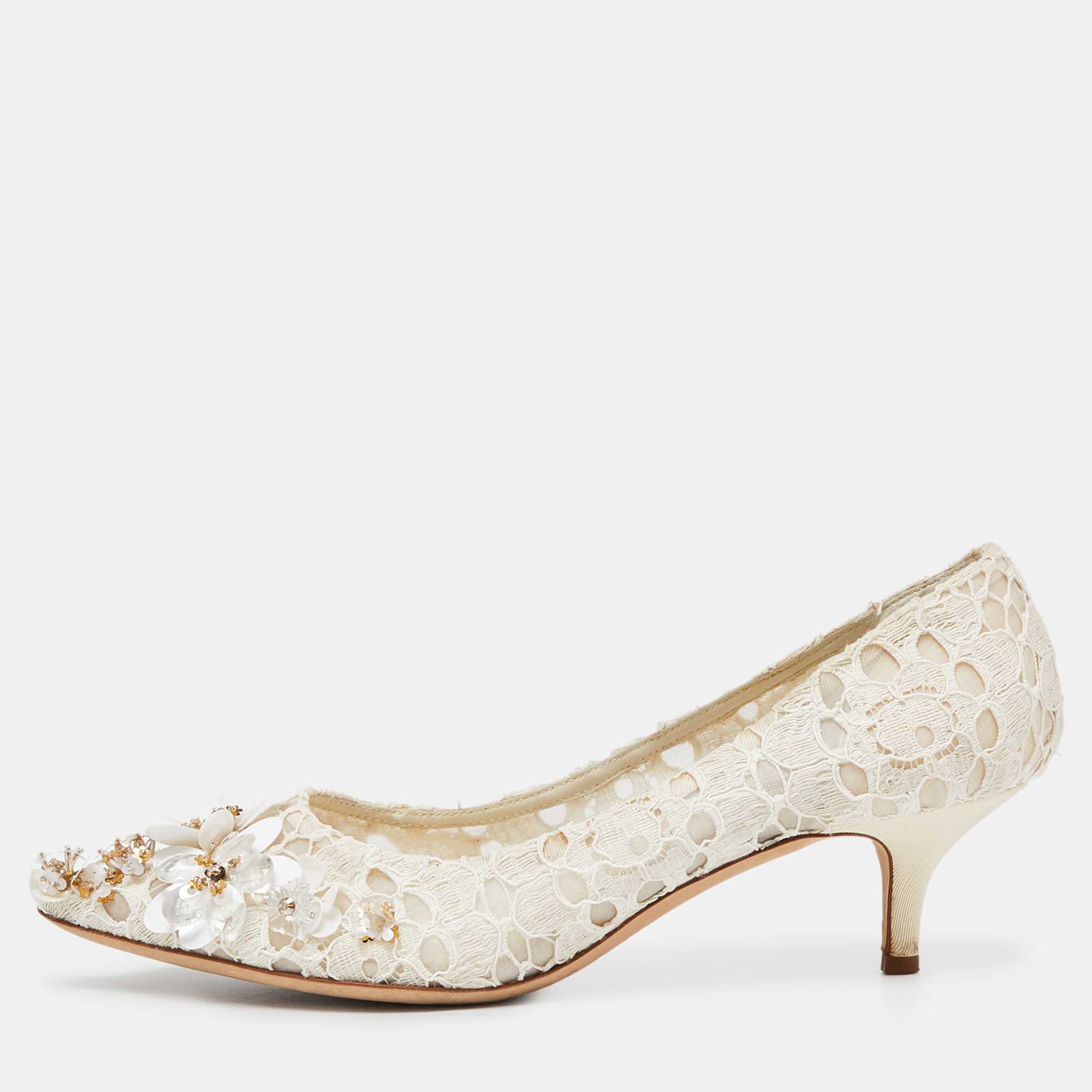 

Dolce & Gabbana Off White Lace Sequin/Beads Embellished Bellucci Pumps Size
