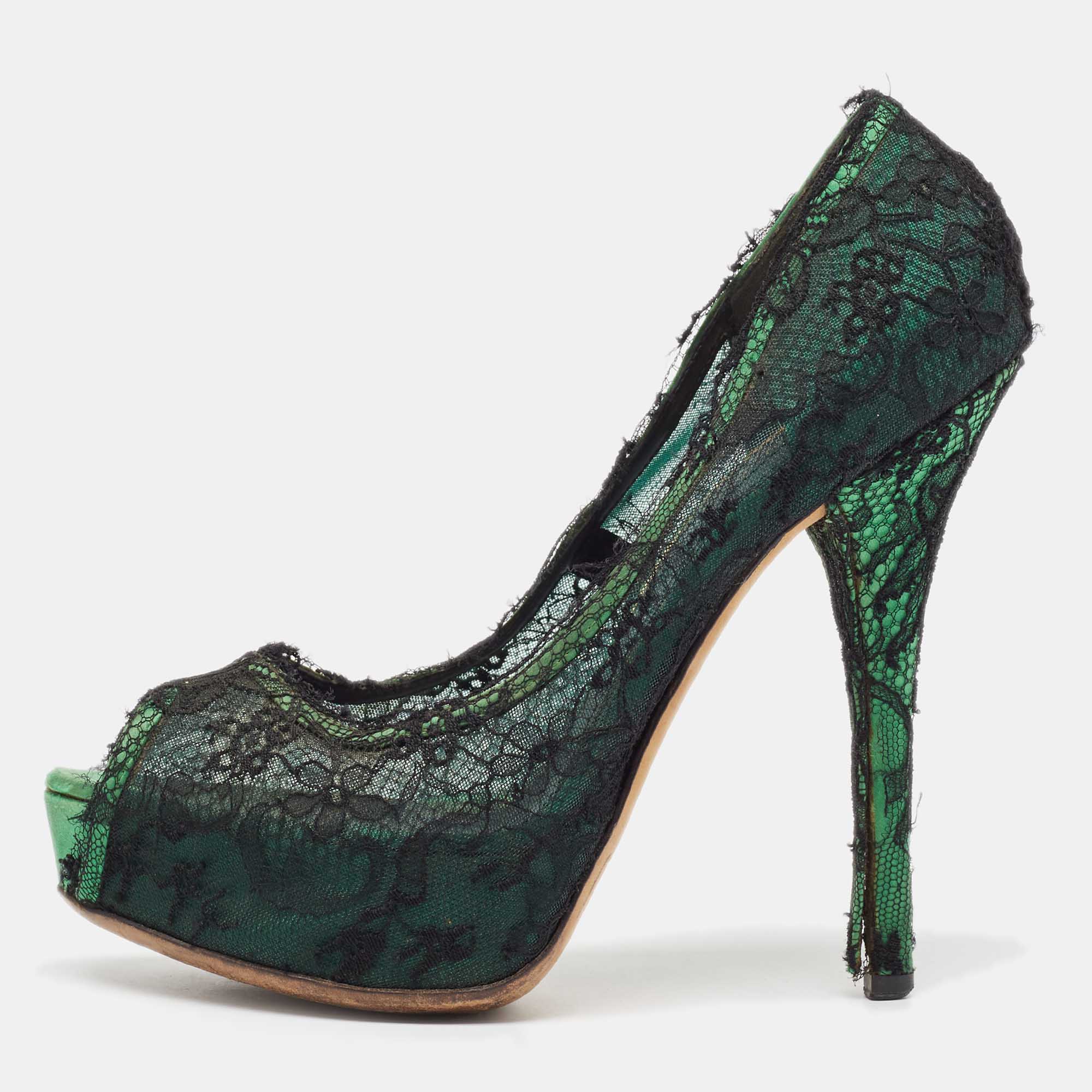 Pre-owned Dolce & Gabbana Black/green Lace And Satin Peep Toe Platform Pumps Size 40
