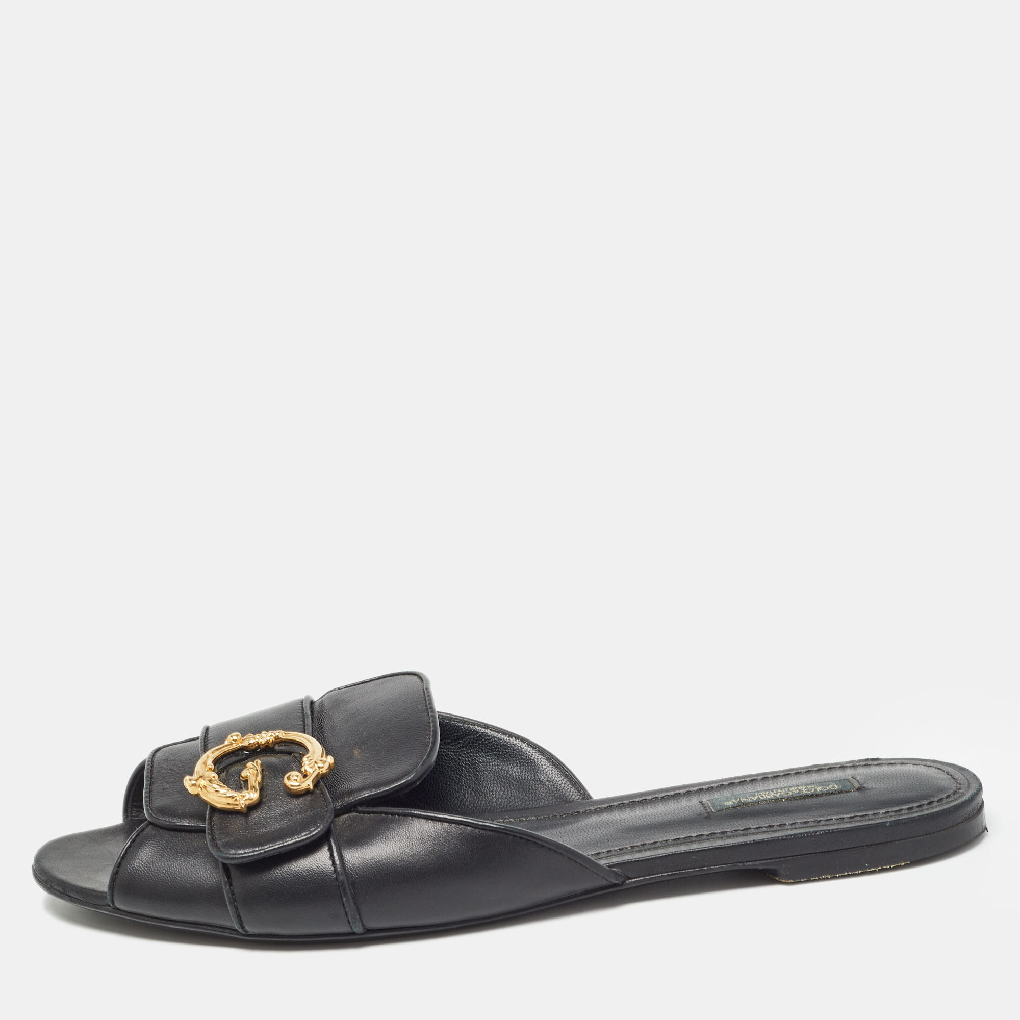 

Dolce & Gabbana Black Leather Devotion Flat Slides Size
