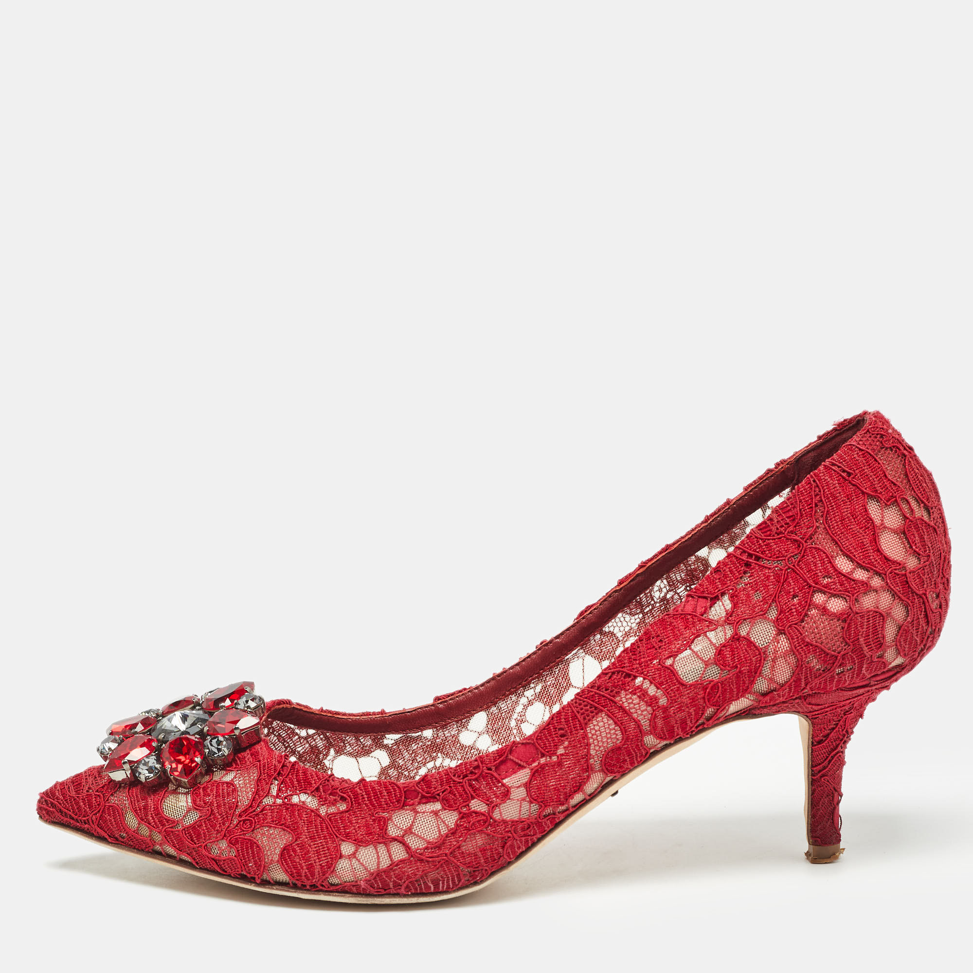

Dolce & Gabbana Red Lace Crystal Embellished Bellucci Pointed Toe Pumps Size