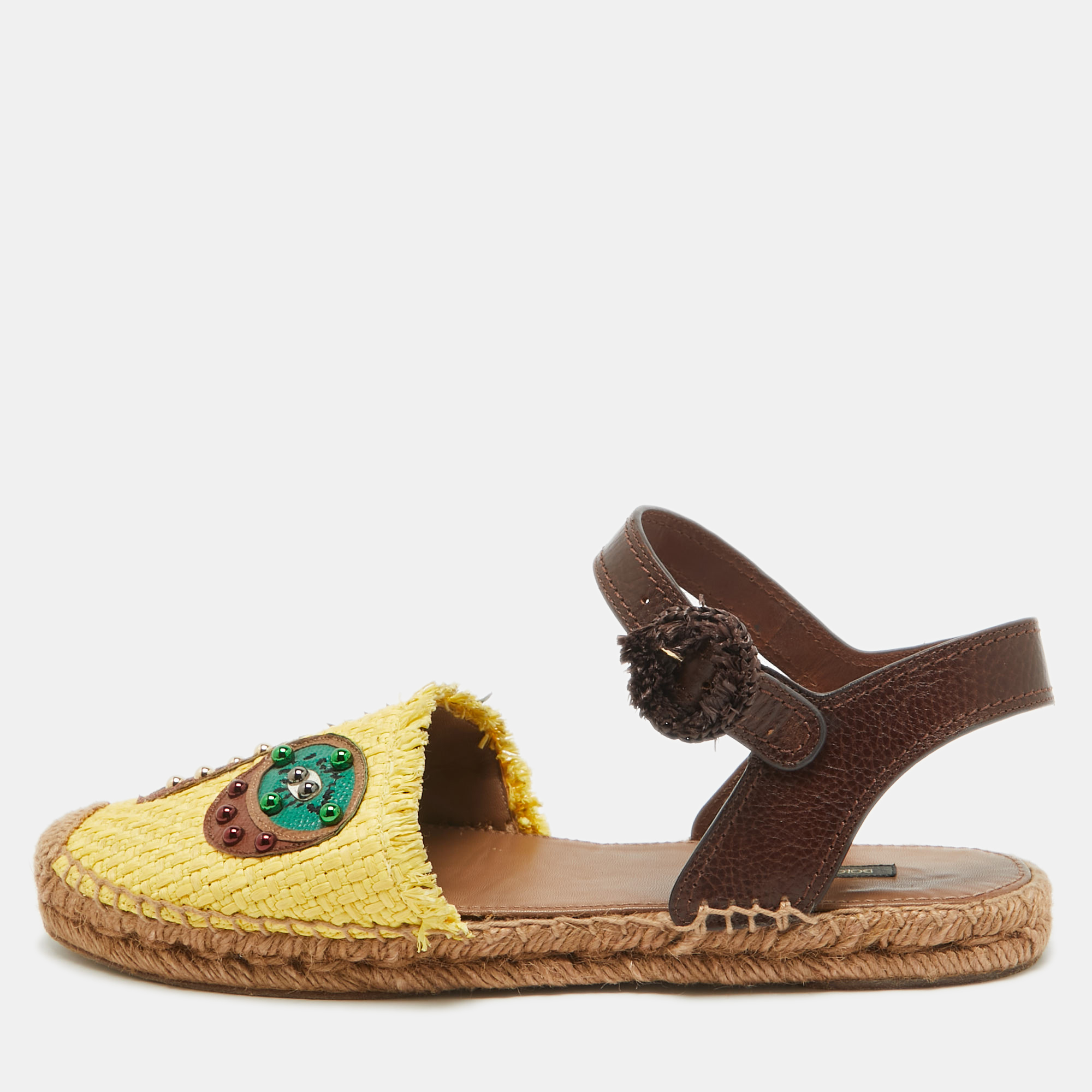 

Dolce & Gabbana Brown/Yellow Raffia and Leather Pineapple Kiwi Patch Espadrille Sandals Size