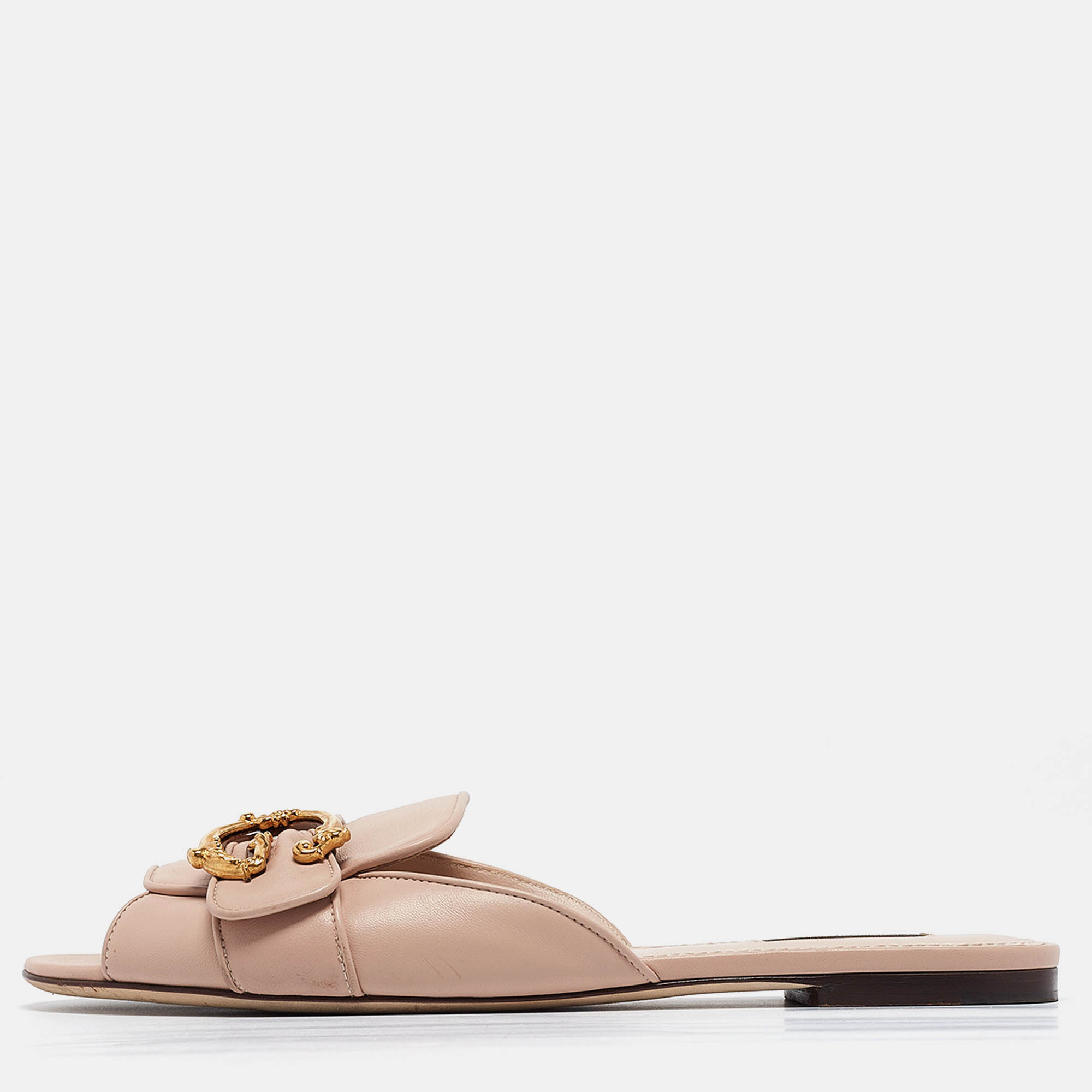 

Dolce & Gabbana Pink Leather Devotion Flat Slides Size, Beige