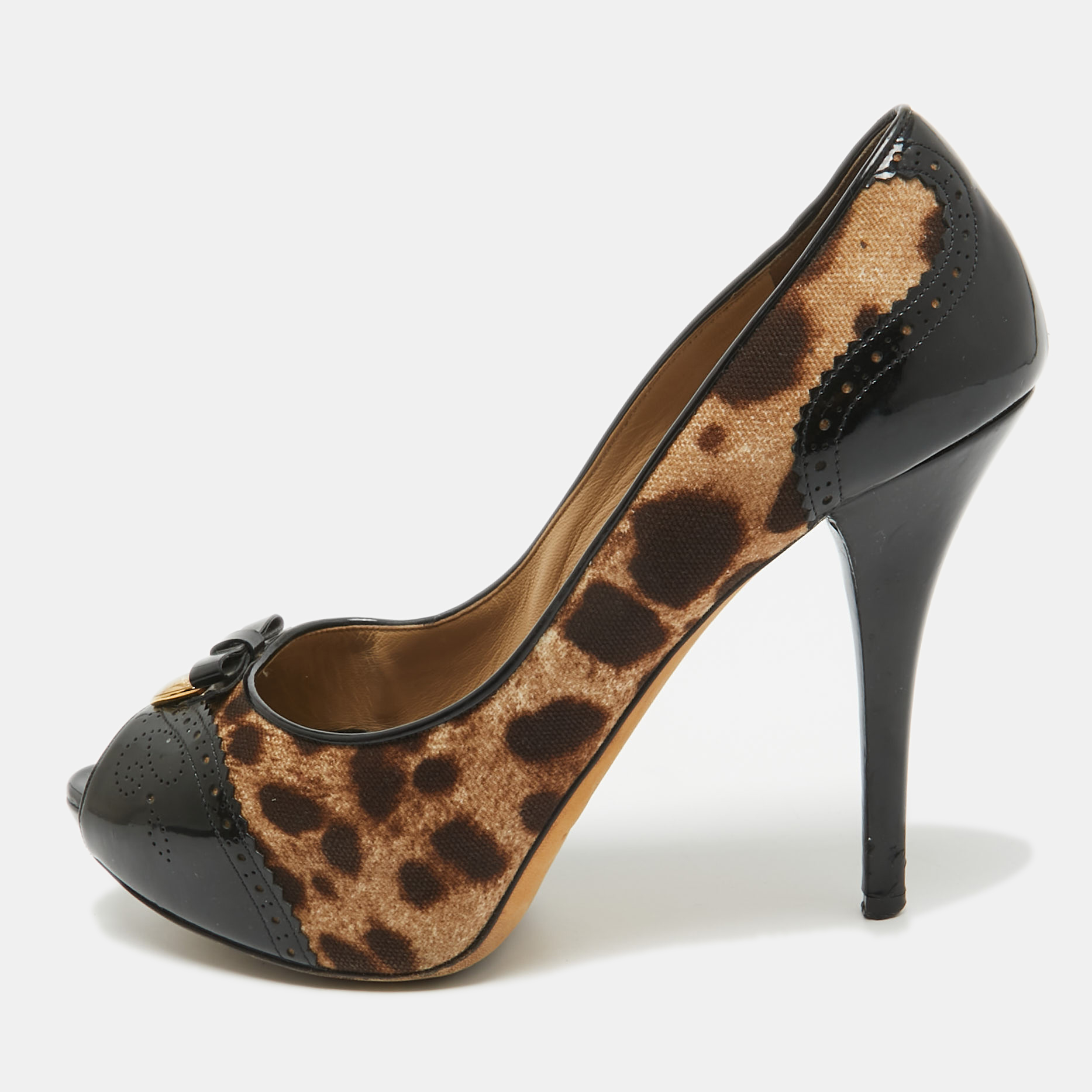 

Dolce & Gabbana Black/Brown Patent and Canvas Peep Toe Pumps Size