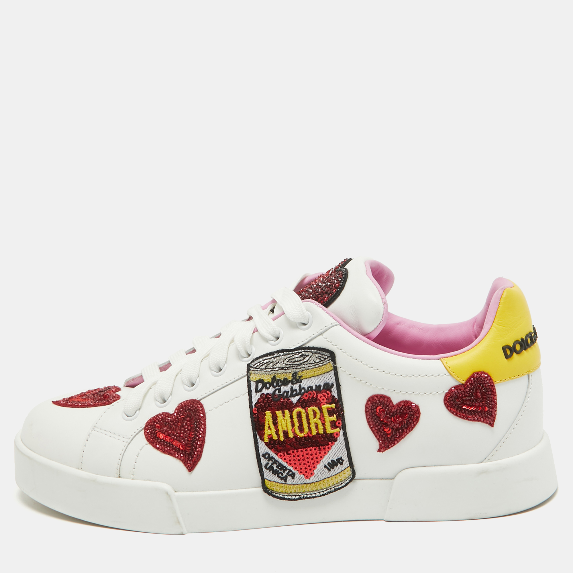 

Dolce & Gabbana White/Yellow Leather Amore Heart Embroidered Low Top Sneakers Size