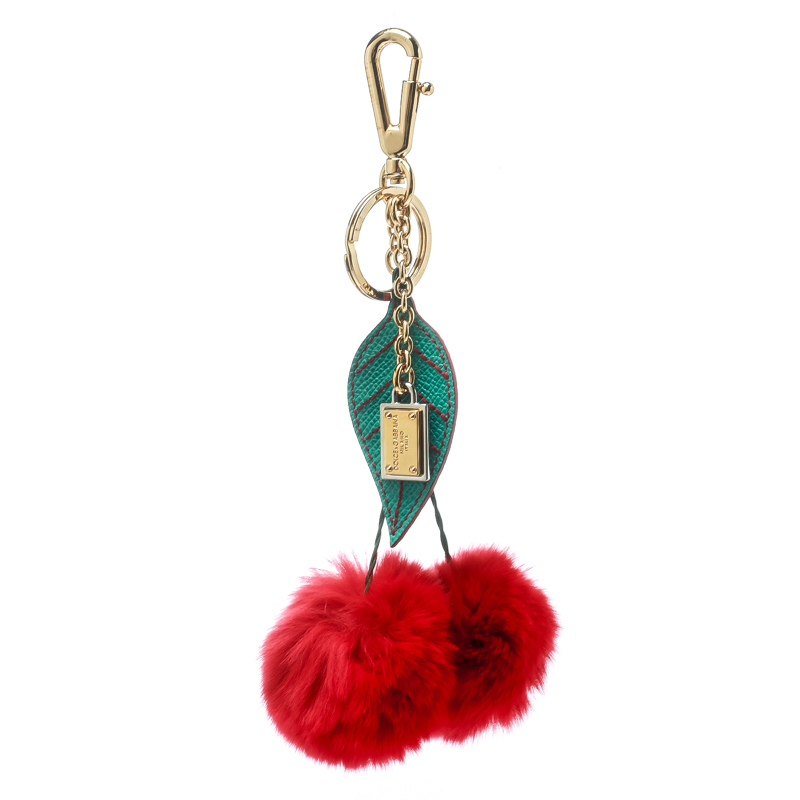 

Dolce & Gabbana Red Cherry Pom Pom Gold Tone Key Ring / Bag Charm