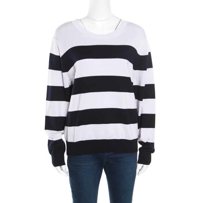 Pre Owned Dries Van Noten Monochrome Striped Cotton Rib Knit Jaimin Sweater L