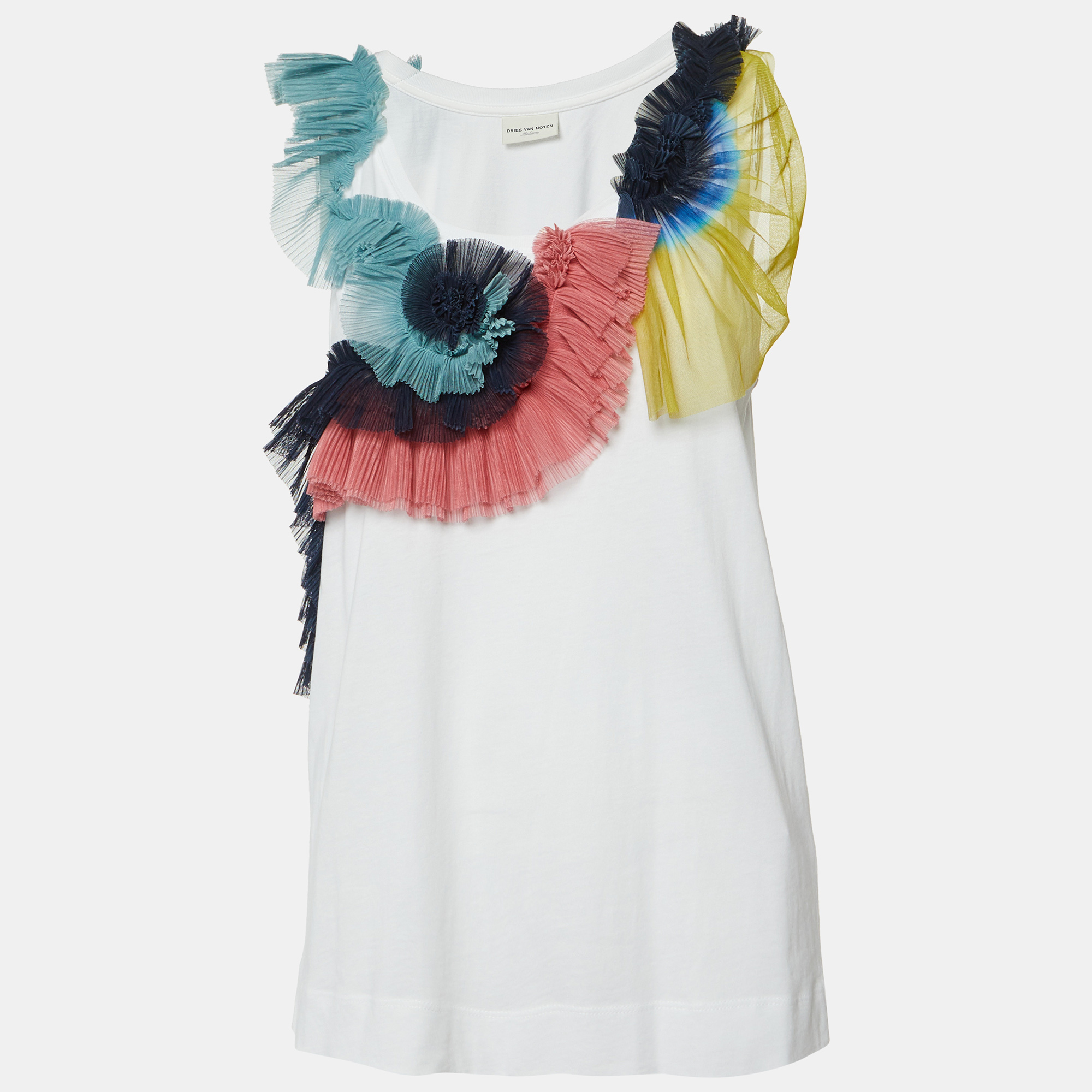 

Dries van Noten White Cotton Ruffled Tulle Sleeveless Top M