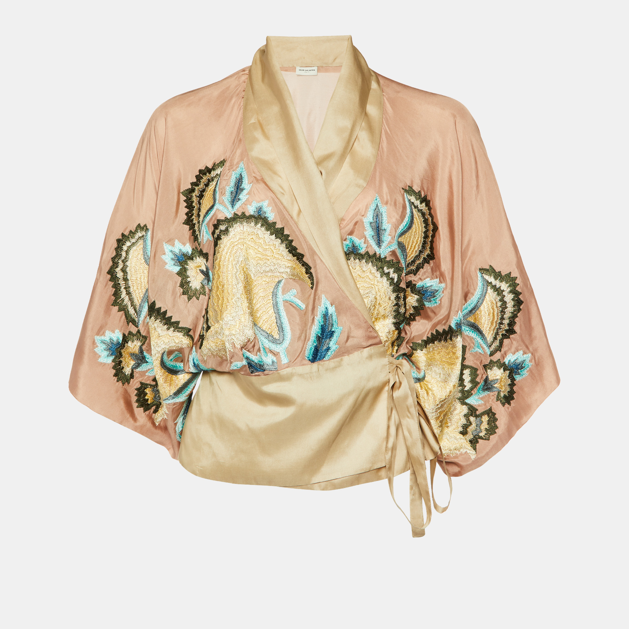 

Dries van Noten Taupe Embroidered Silk Wrap Top M, Pink