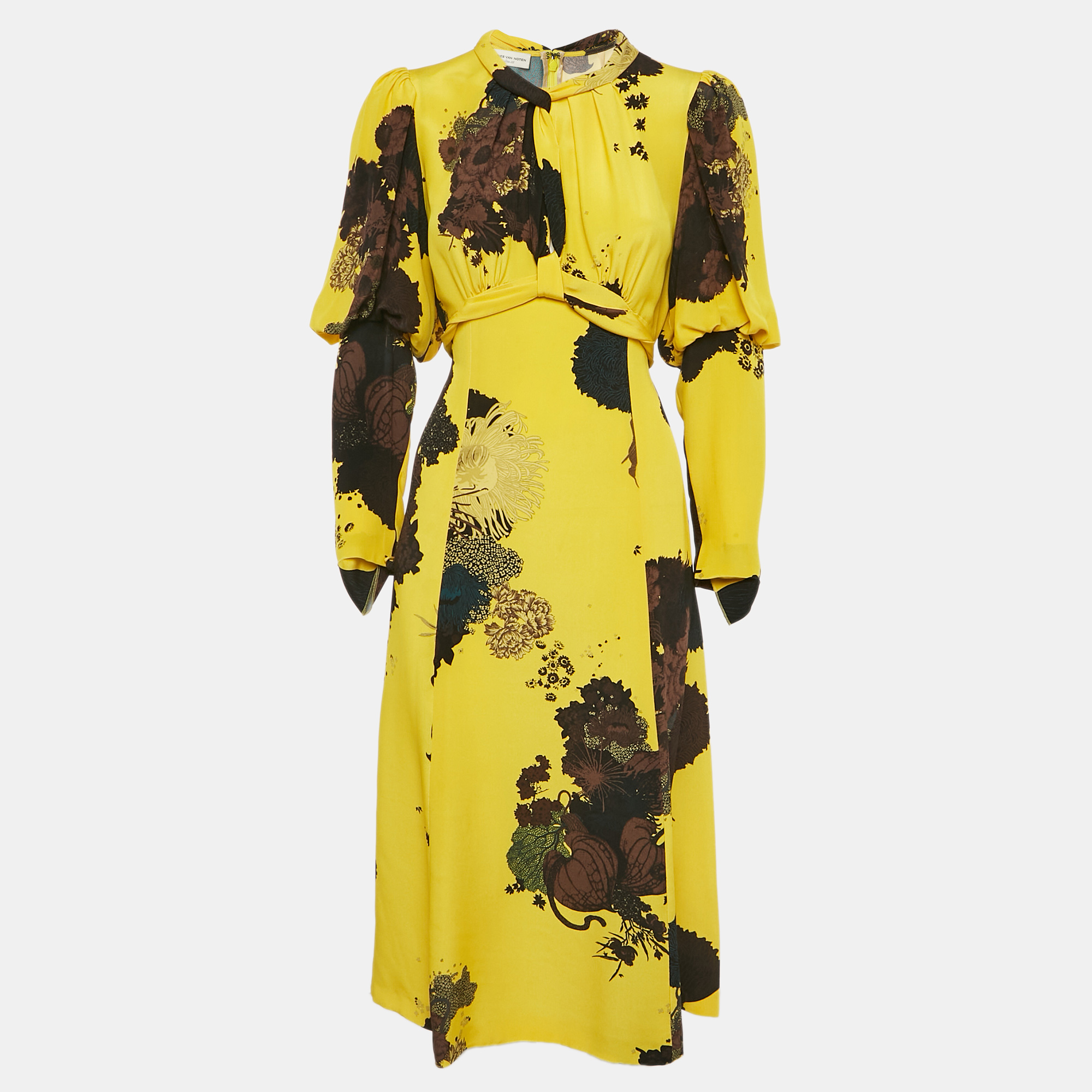 

Dries van Noten Yellow Floral Print Silk Tie-Up Waist Detail Midi Dress M