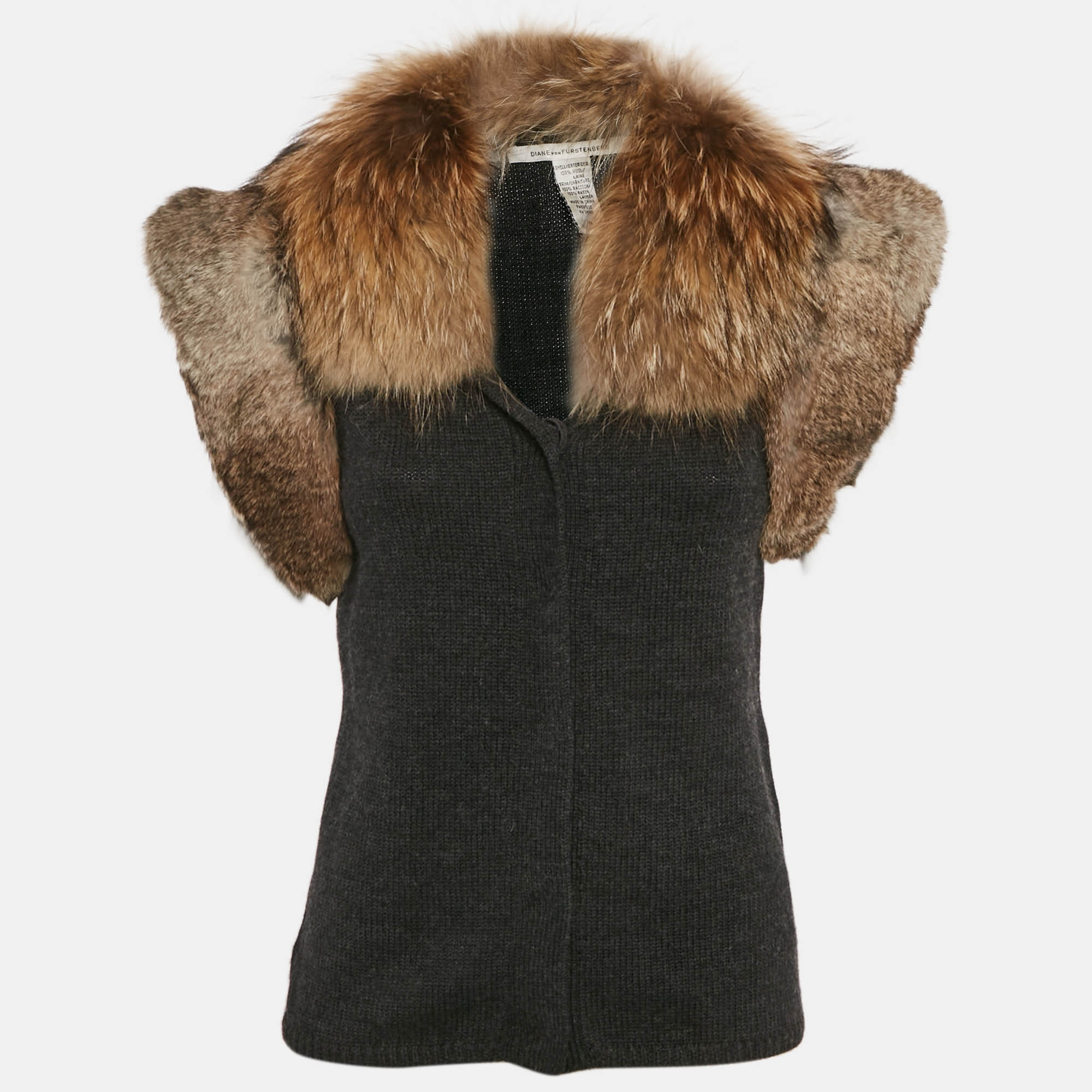 

Dries van Noten Grey Detachable Fur Trim Sleeveless Cardigan M