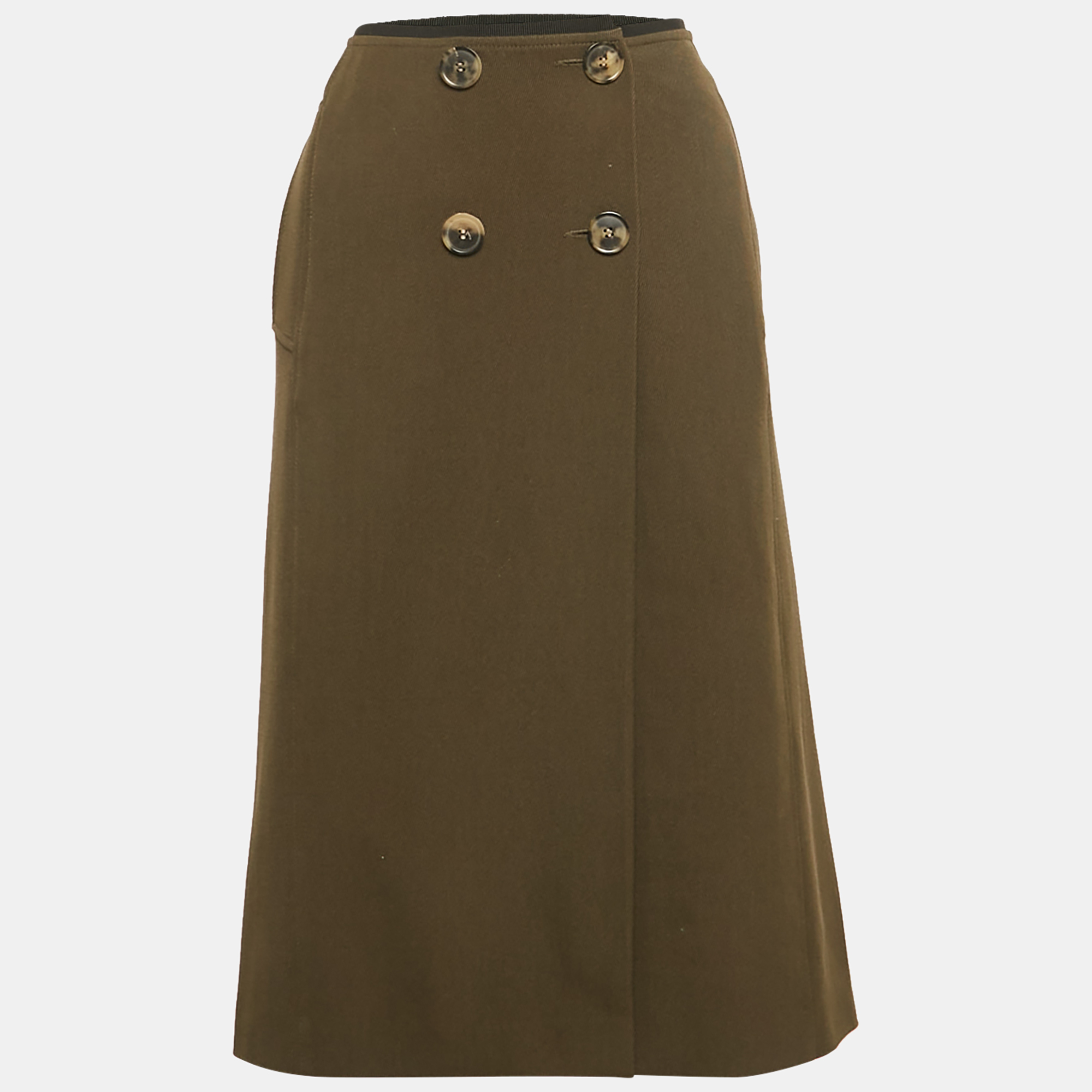 

Dries van Noten Green Wool Drill Button Detail Midi Skirt L