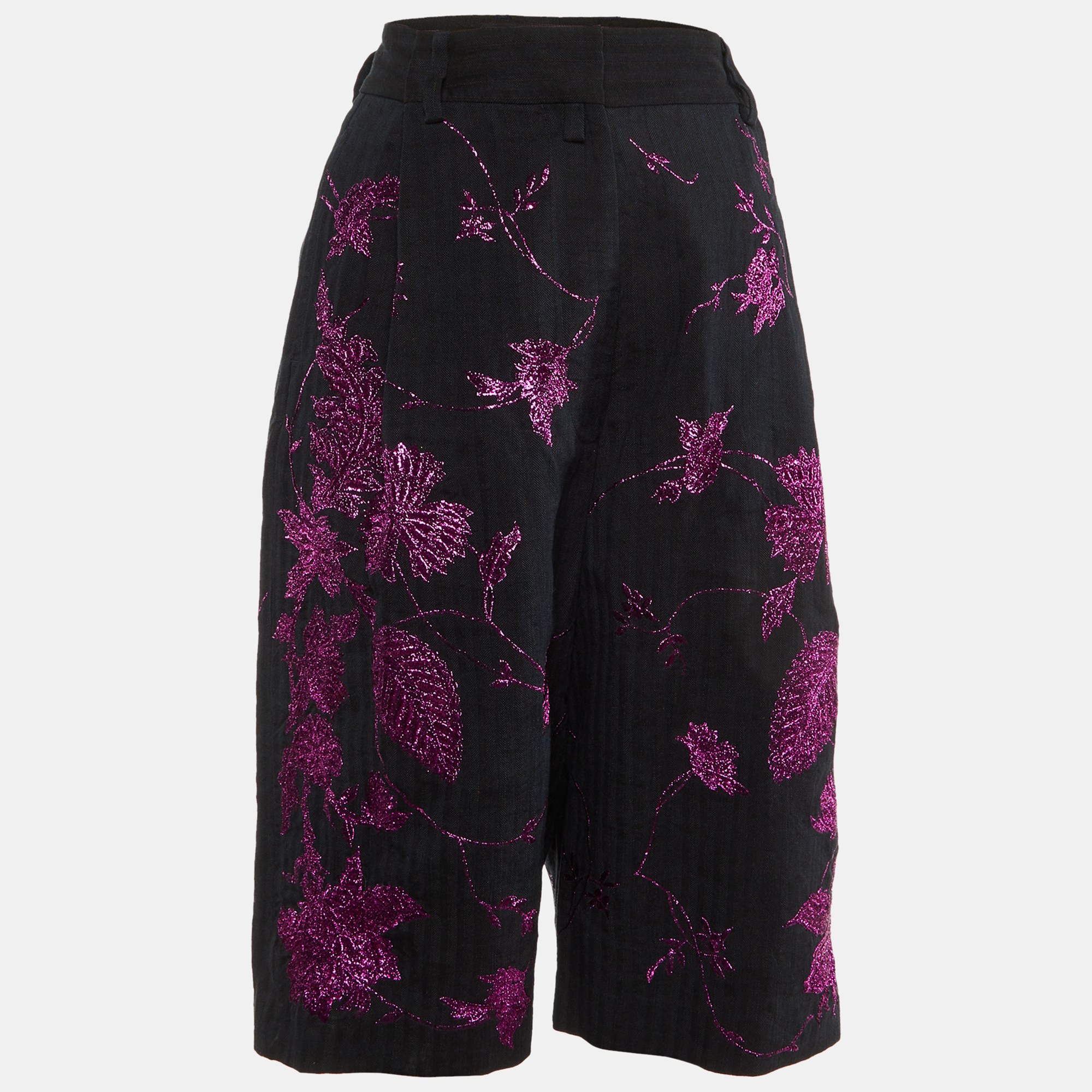 

Dries van Noten Black Lurex Floral Embroidered Bermuda Shorts L