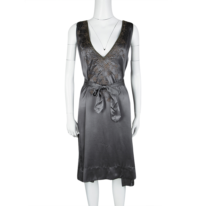

Dries Van Noten Grey Silk Embellished Embroidered Sleeveless Belted Dress