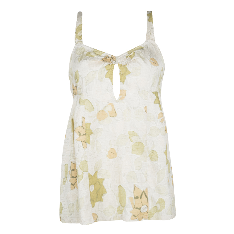 Pre Owned Dries Van Noten Beige Textured Silk Floral Print Sleeveless Top S