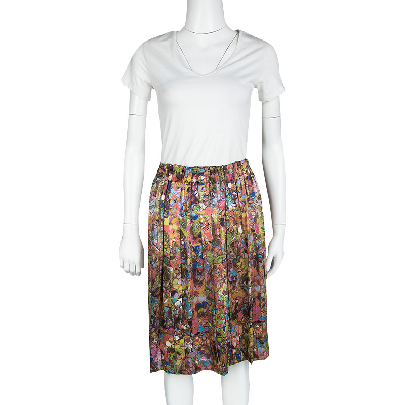 

Dries van Noten Multicolor Printed Silk Pleat Detail Skirt