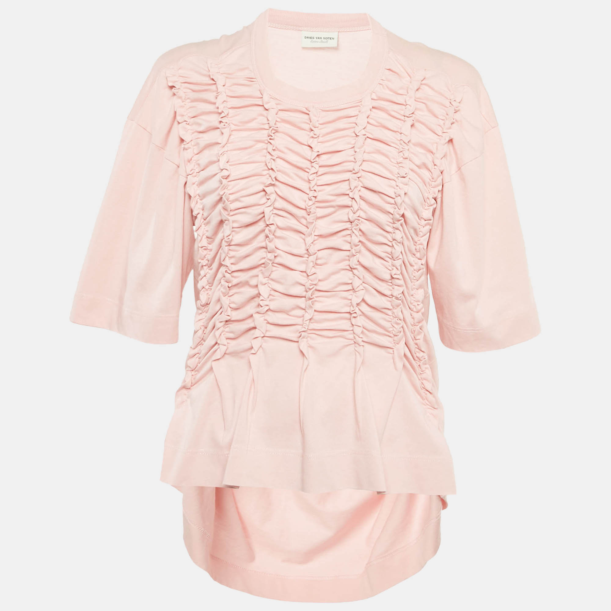 Pre-owned Dries Van Noten Pink Jersey Shirring Detail Top Xs