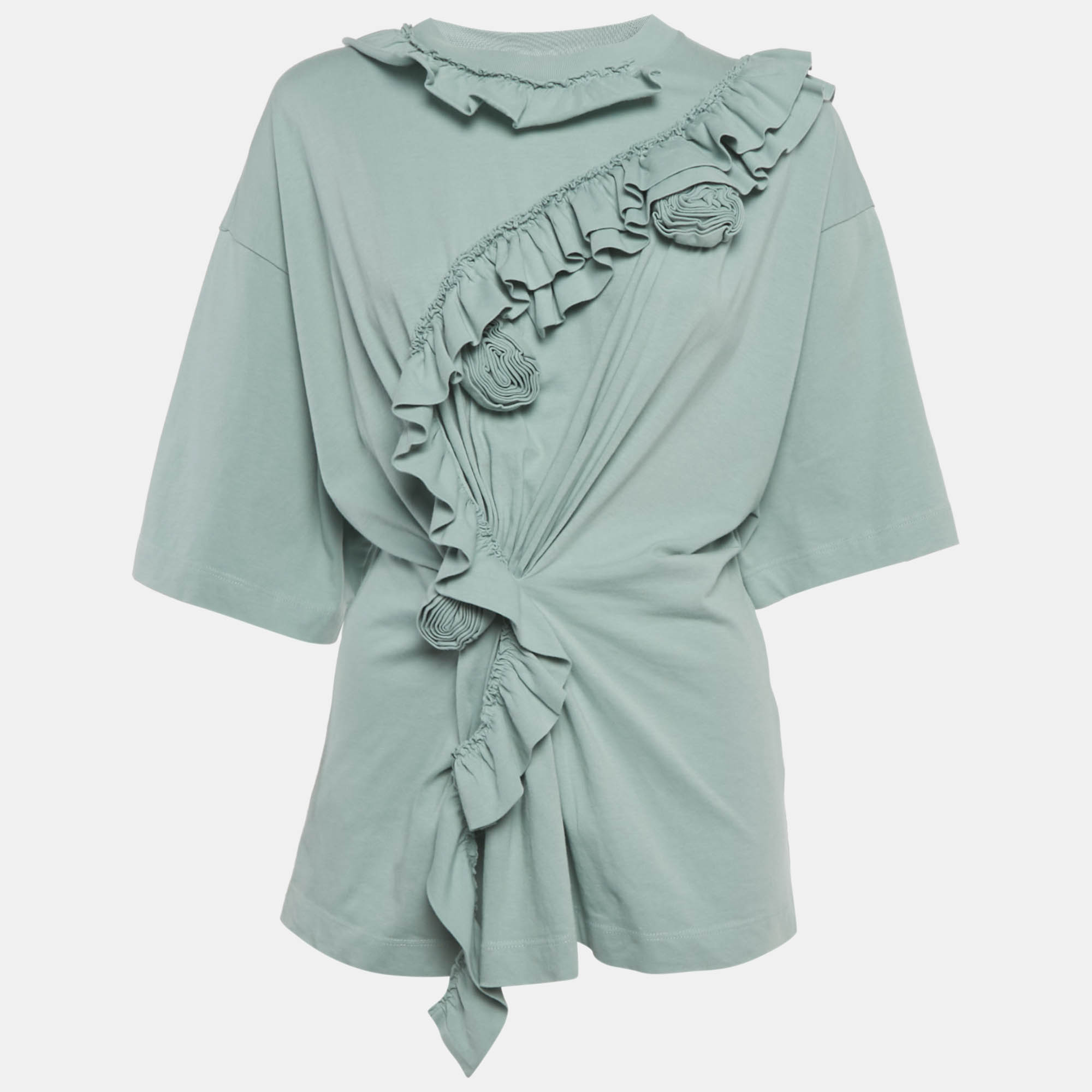 Pre-owned Dries Van Noten Sage Green Floral Applique Cotton Ruffle T-shirt S
