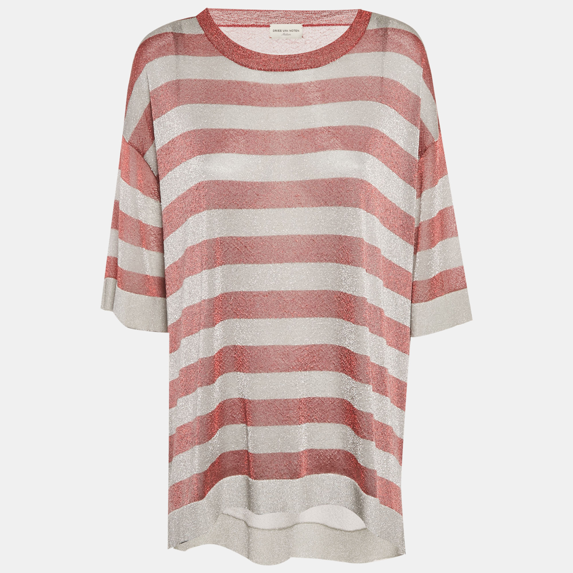 

Dries Van Noten Red/Grey Striped Lurex Knit Oversized T-Shirt M