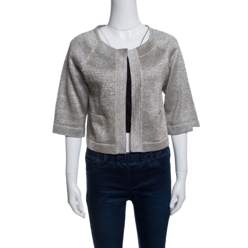Dries Van Noten Metallic Open Front Cropped Melange Cardigan S