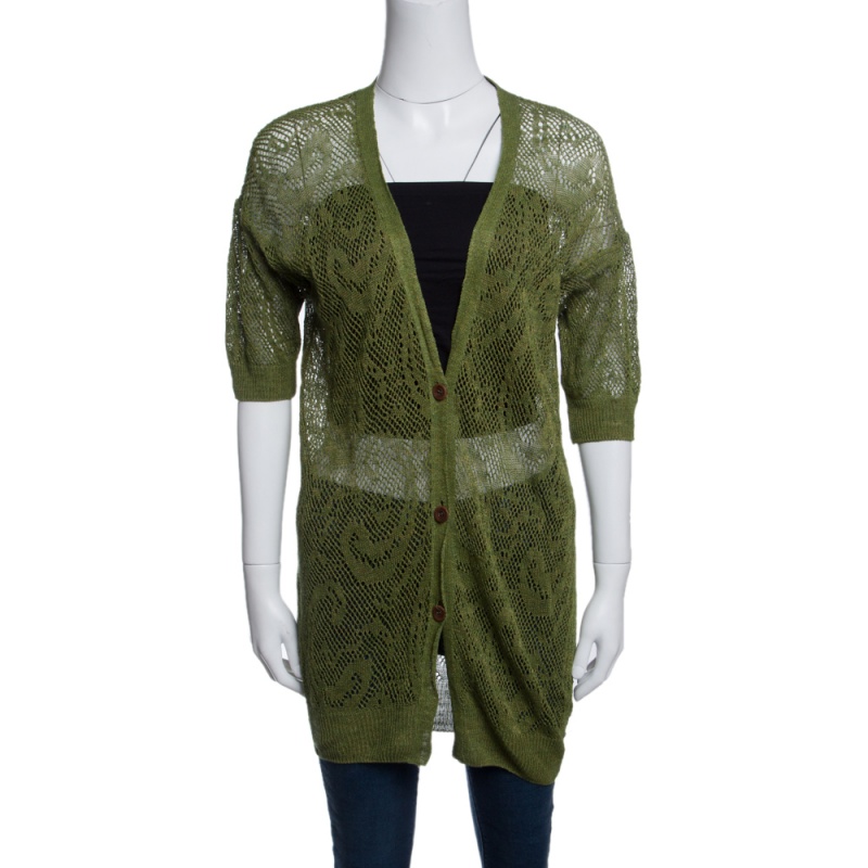Dries Van Noten Green Perforated Knit Short Sleeve Cardigan S