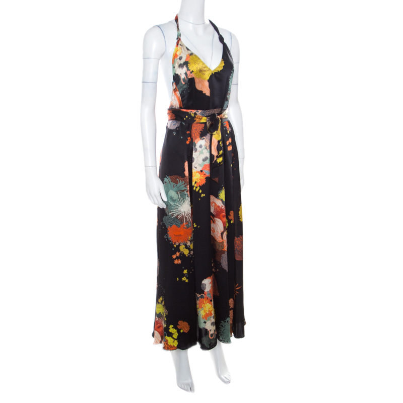

Dries van Noten Black Oriental Floral Printed Silk Halter Maxi Dress