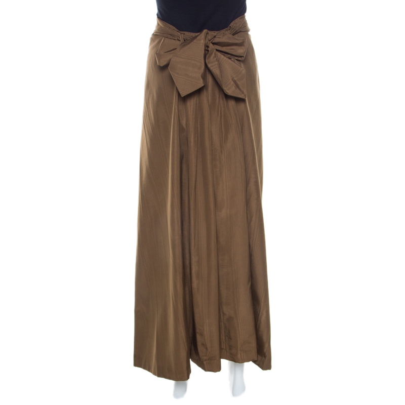 Pre-owned Dries Van Noten Bronze Gold Striped Cotton Blend Maxi Skirt S